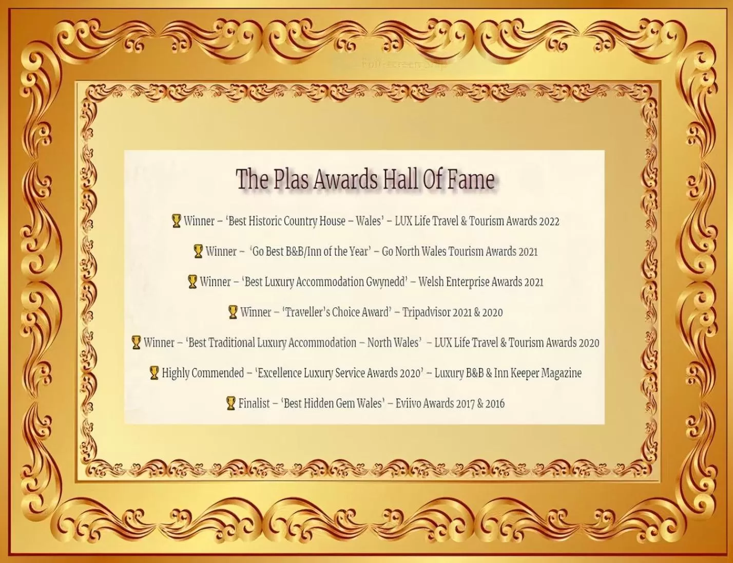 Certificate/Award in Plas Tan-Yr-Allt Historic Country House B&B