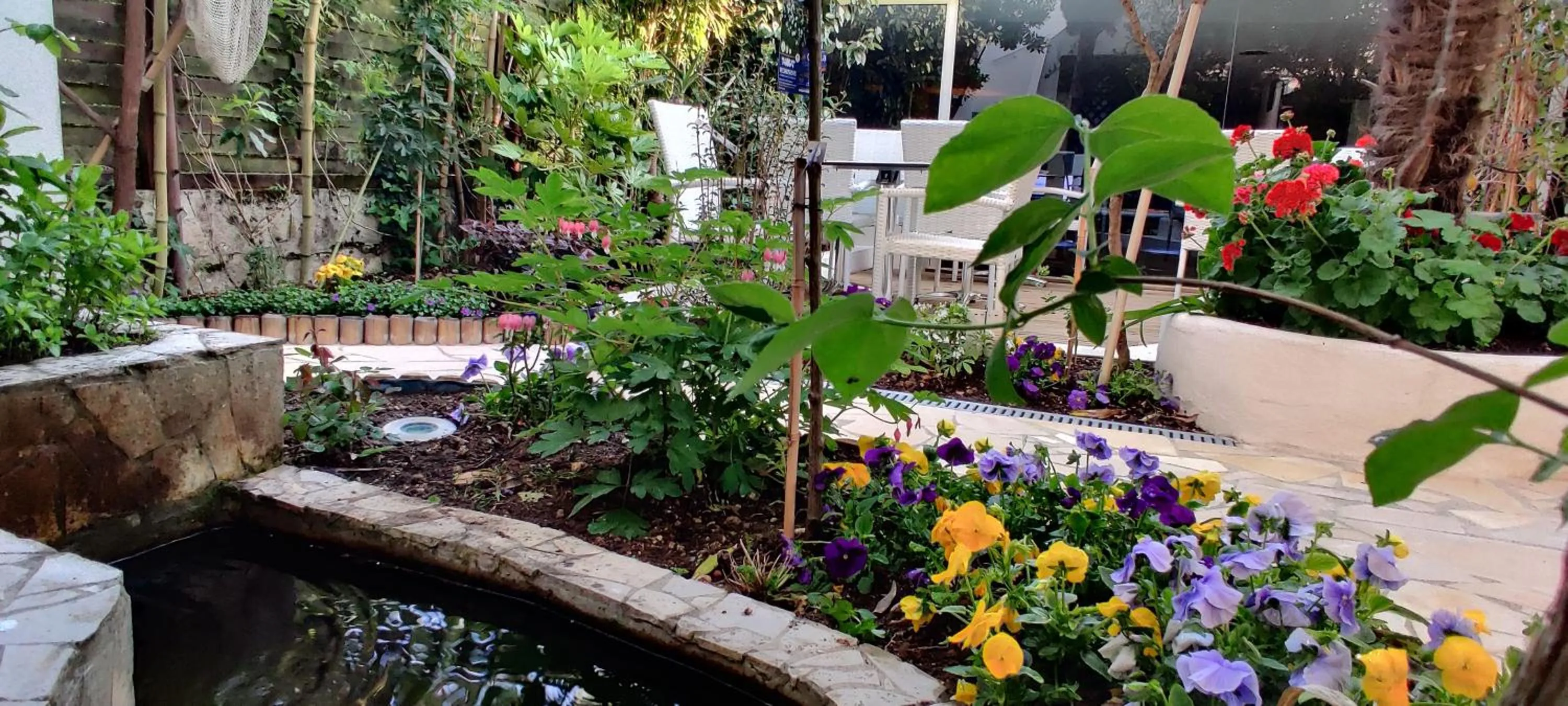 Patio in Logis Hôtel Les Bleuets