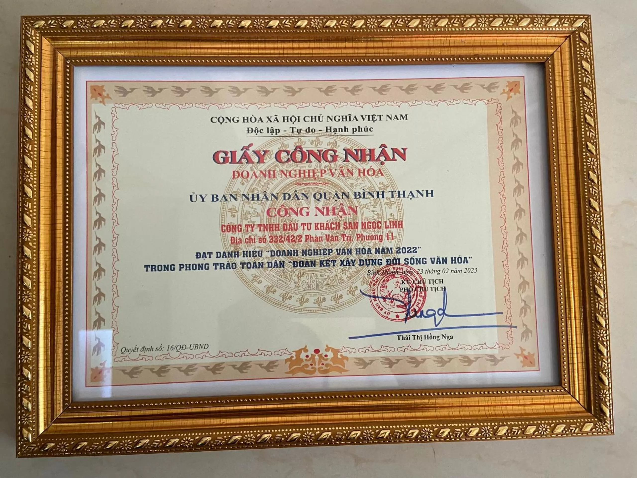 Certificate/Award in Ngoc Linh Hotel