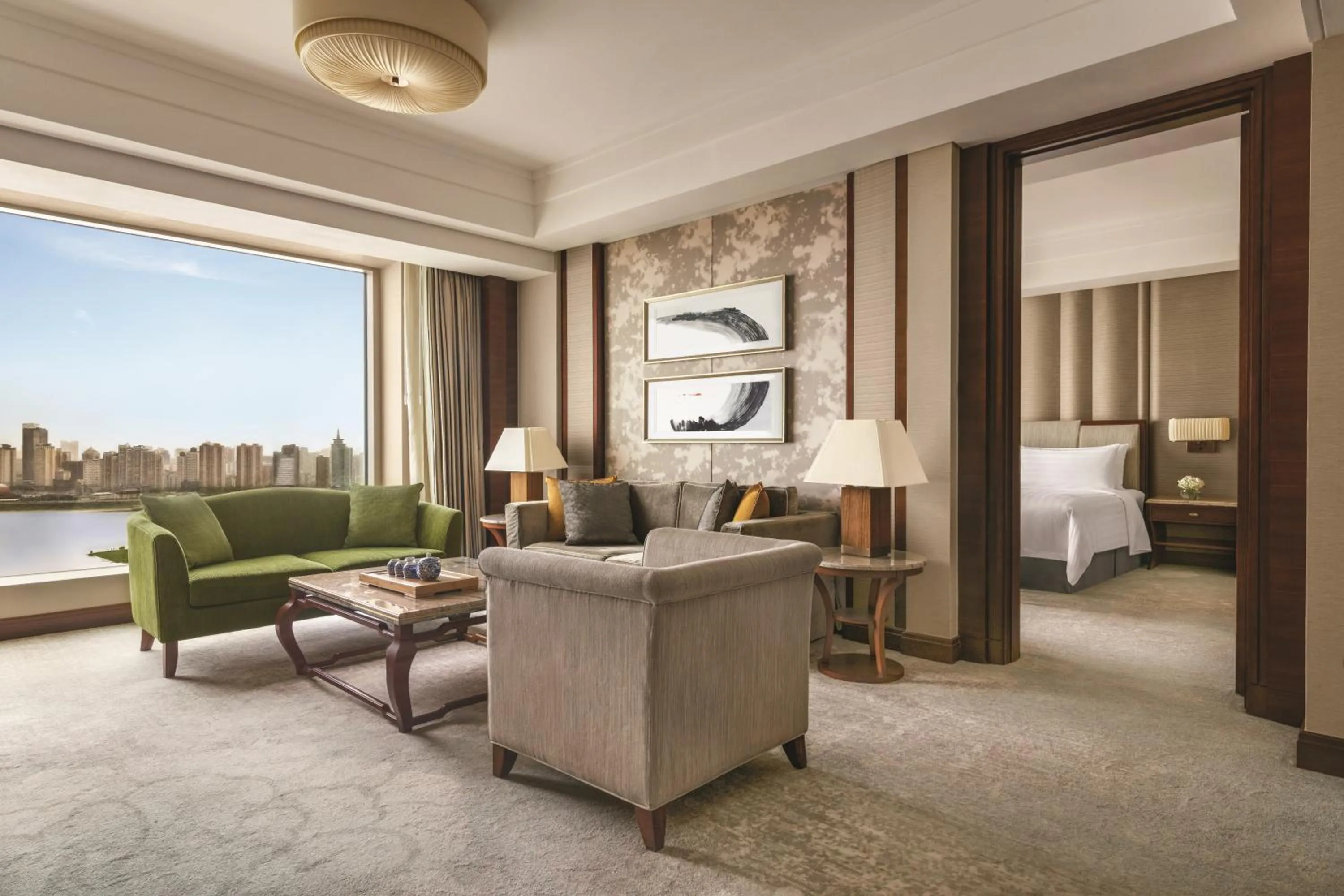 Living room, Bed in Shangri-La Nanchang丨All room offer river views Just one stop from the Pavilion of Prince Teng