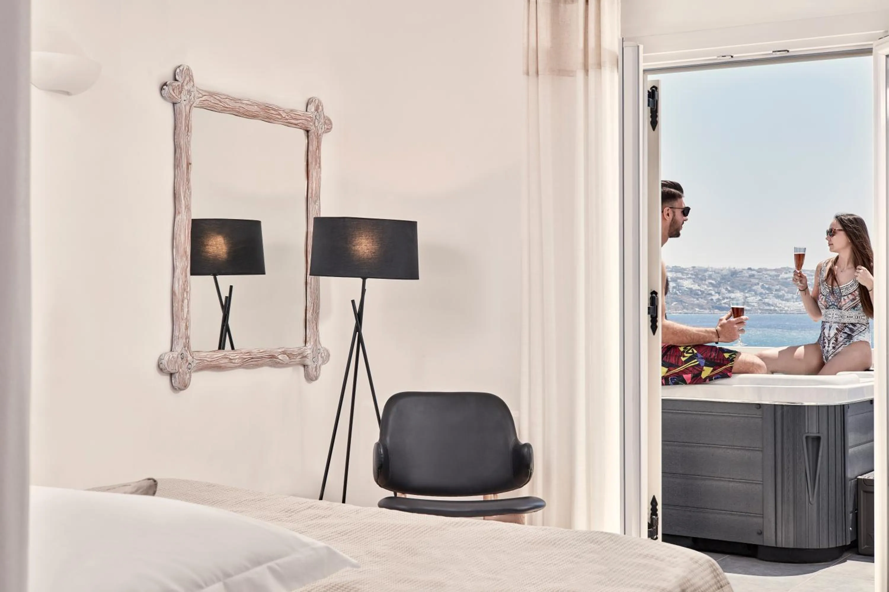 Balcony/Terrace, Bed in Mykonos Princess Hotel