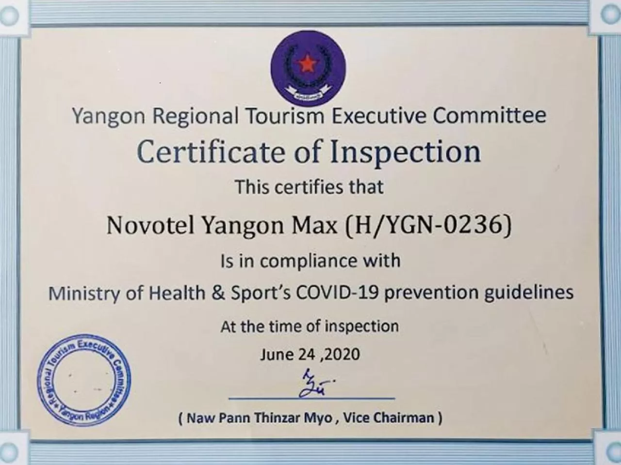 Certificate/Award in Novotel Yangon Max