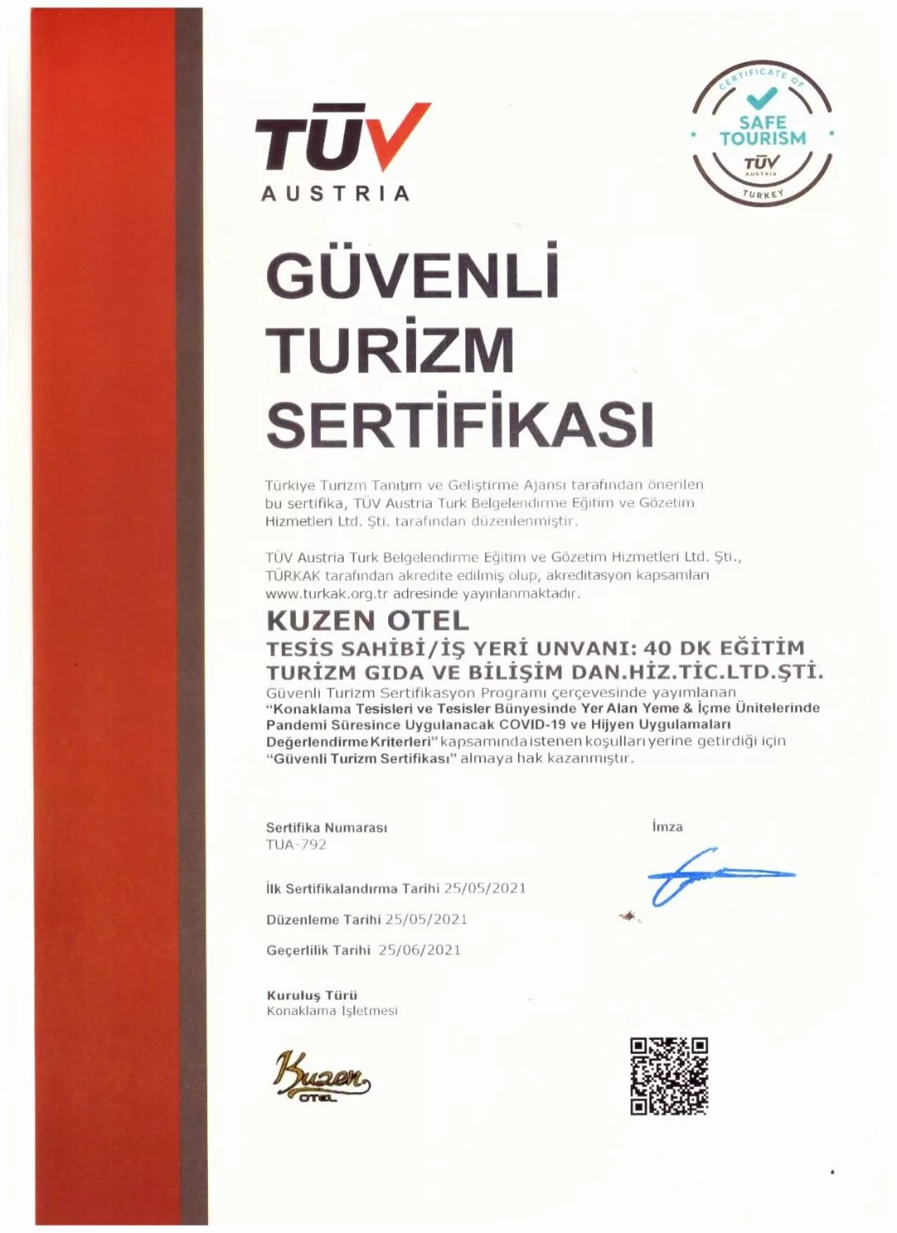 Logo/Certificate/Sign in Kuzen Otel