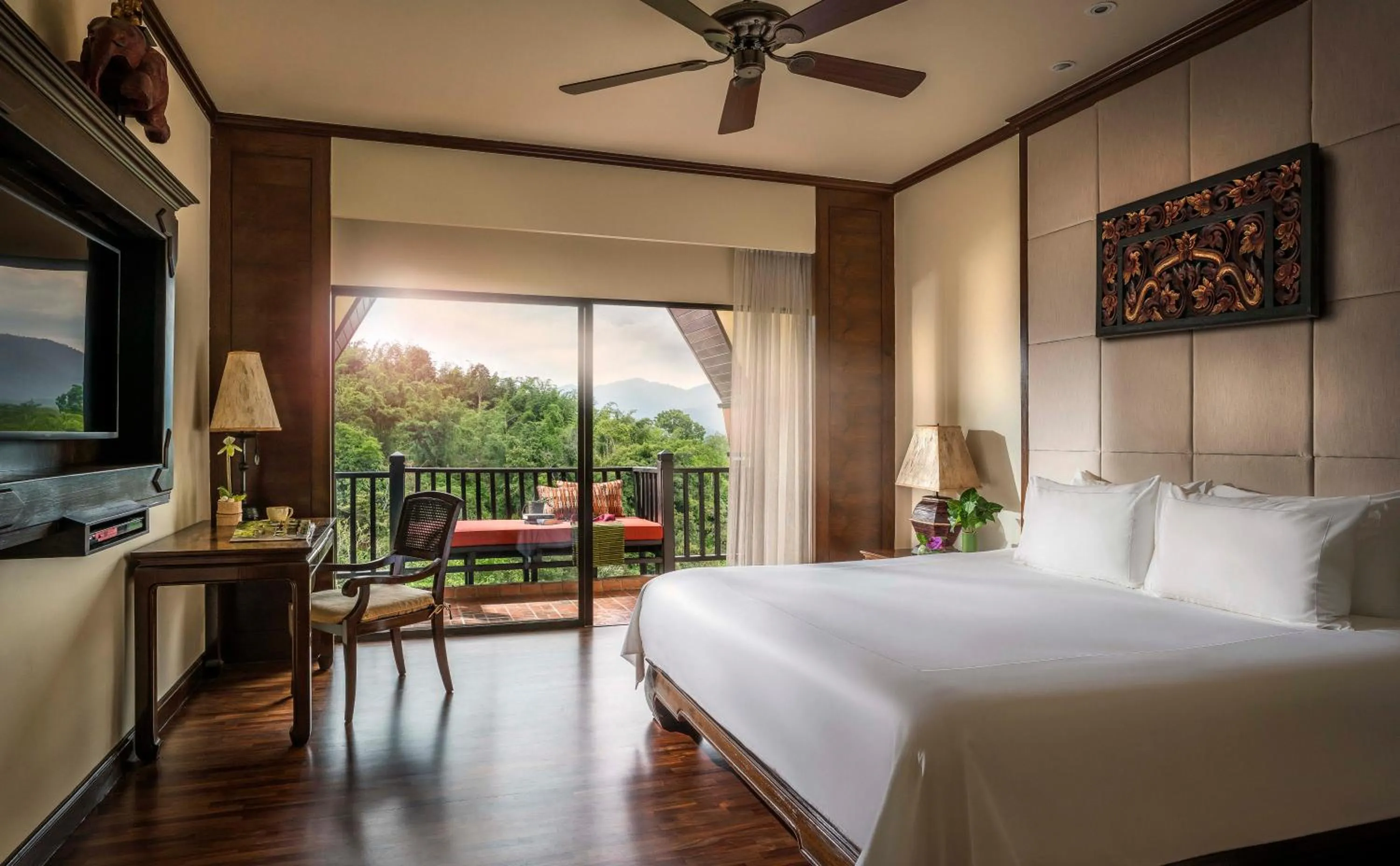 Mountain view, Bed in Anantara Golden Triangle Elephant Camp & Resort