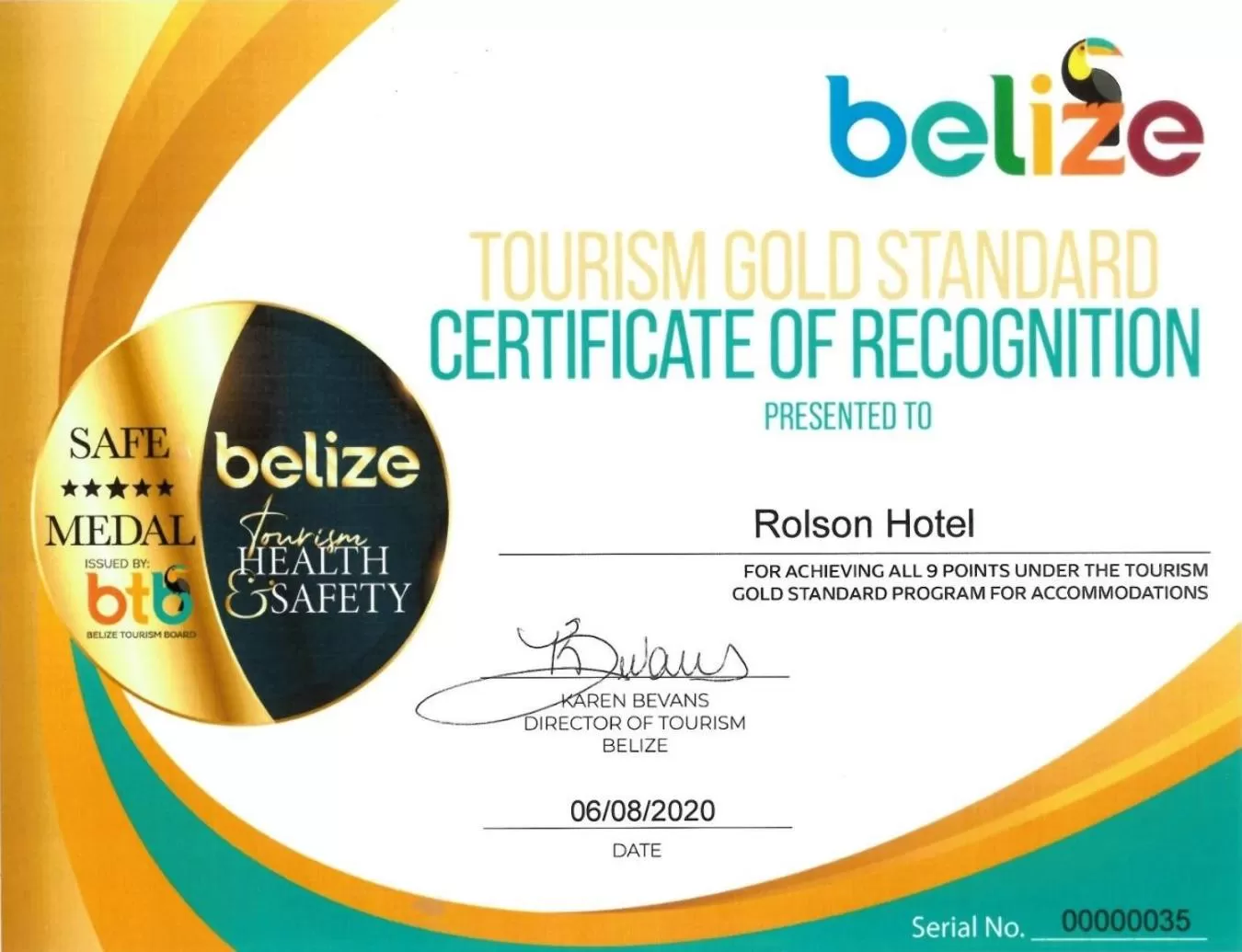 Certificate/Award in Rolson Hotel
