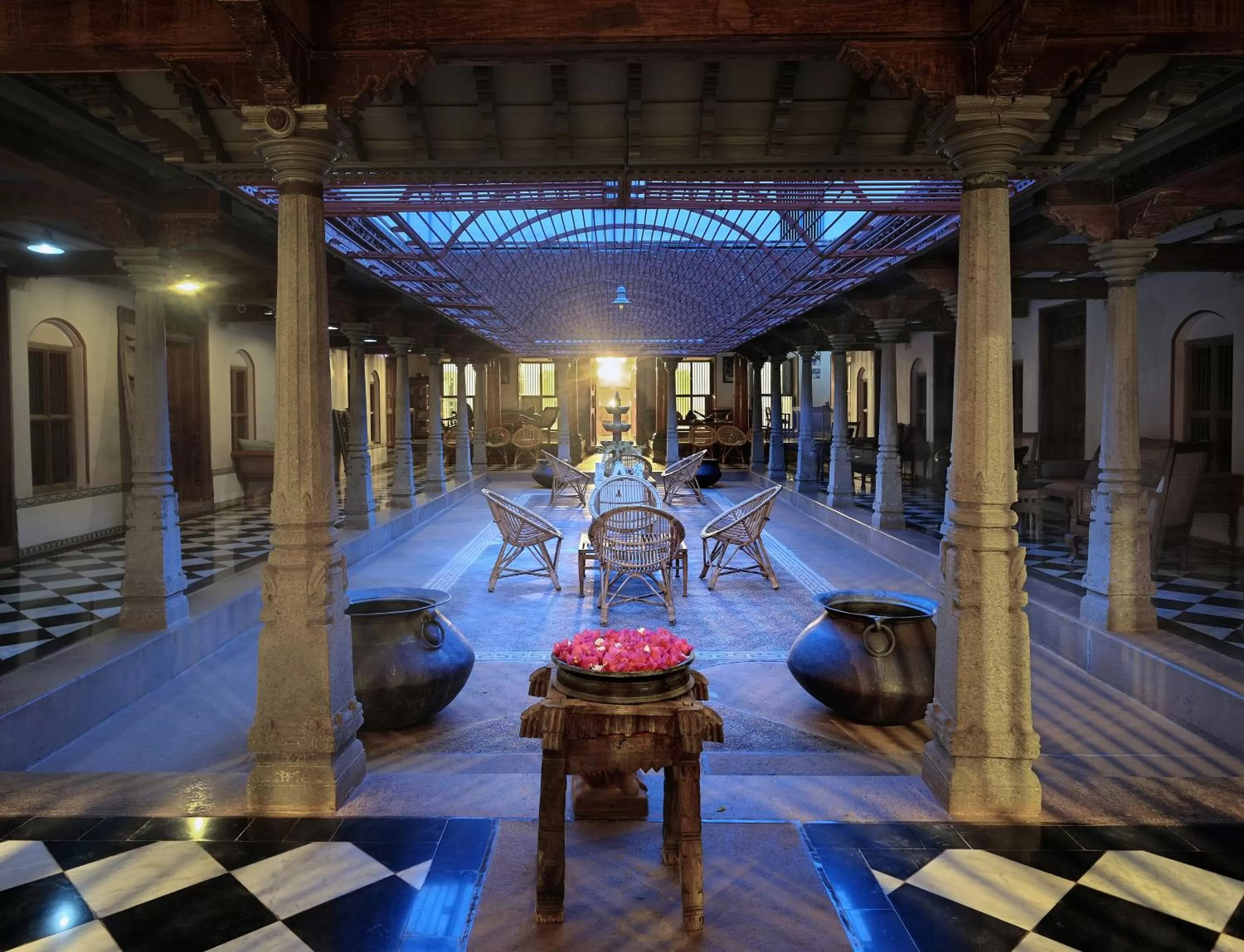 Patio, Swimming Pool in Saratha Vilas Chettinad