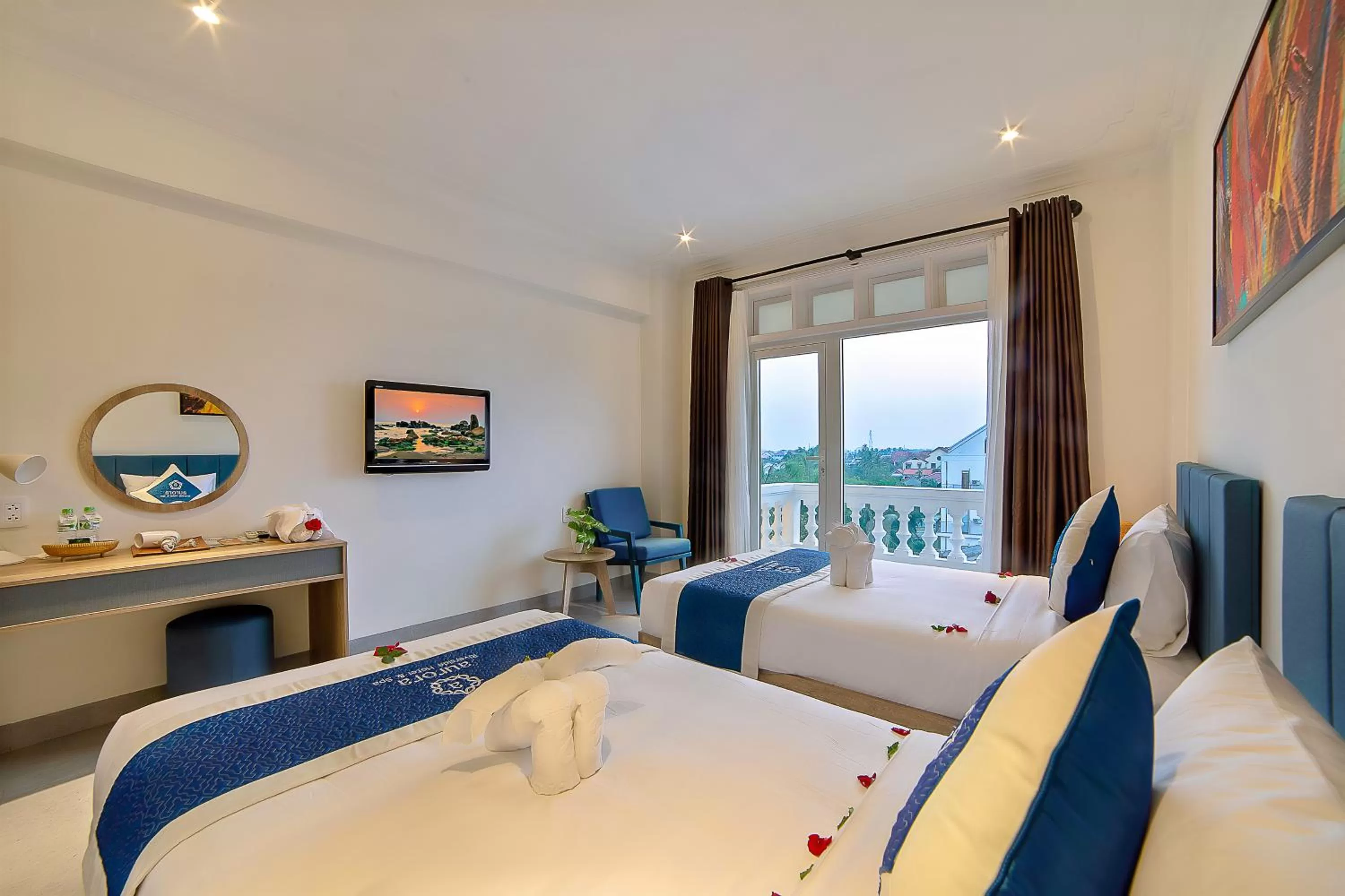 Balcony/Terrace, Bed in Hoi An Aurora Riverside Hotel and Spa