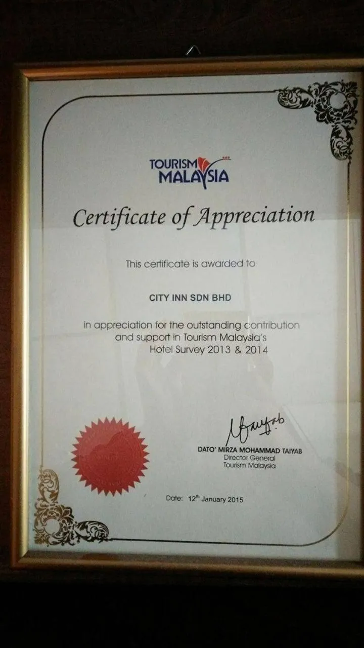 Certificate/Award in City Inn