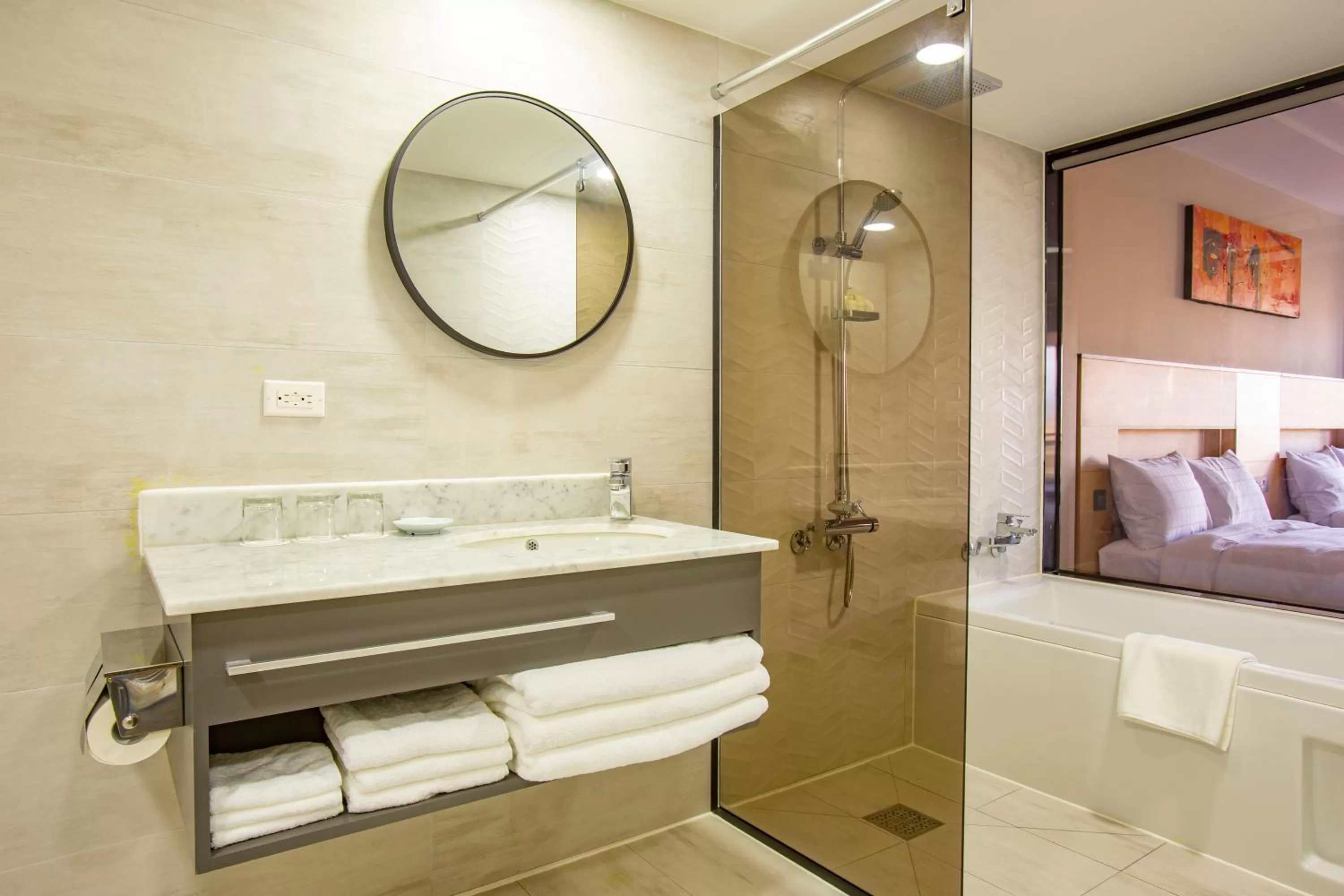 Shower, Bed in The Bayview Hotel Guam