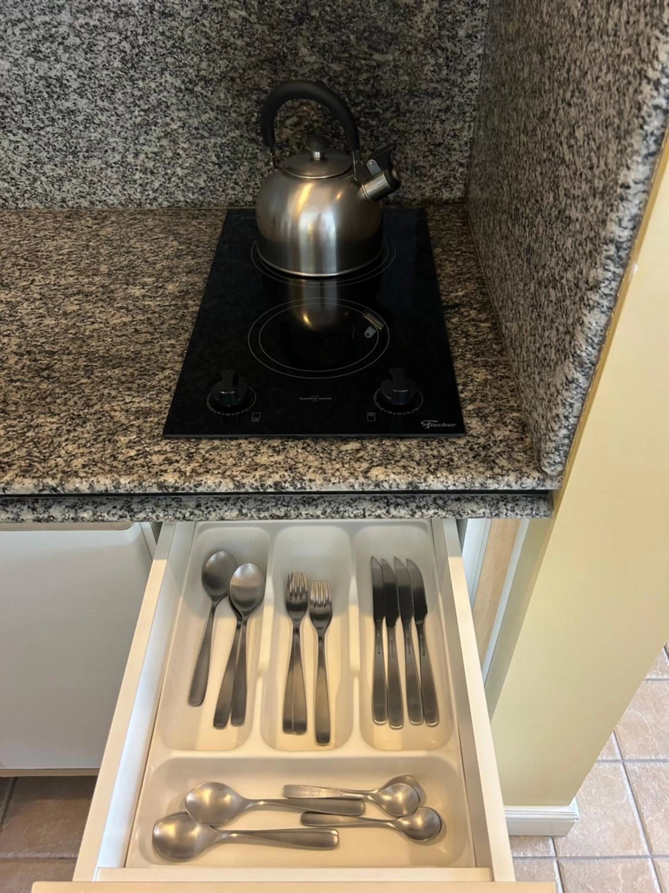 Coffee/tea facilities, Kitchen/Kitchenette in Golfinhos Apart Hotel