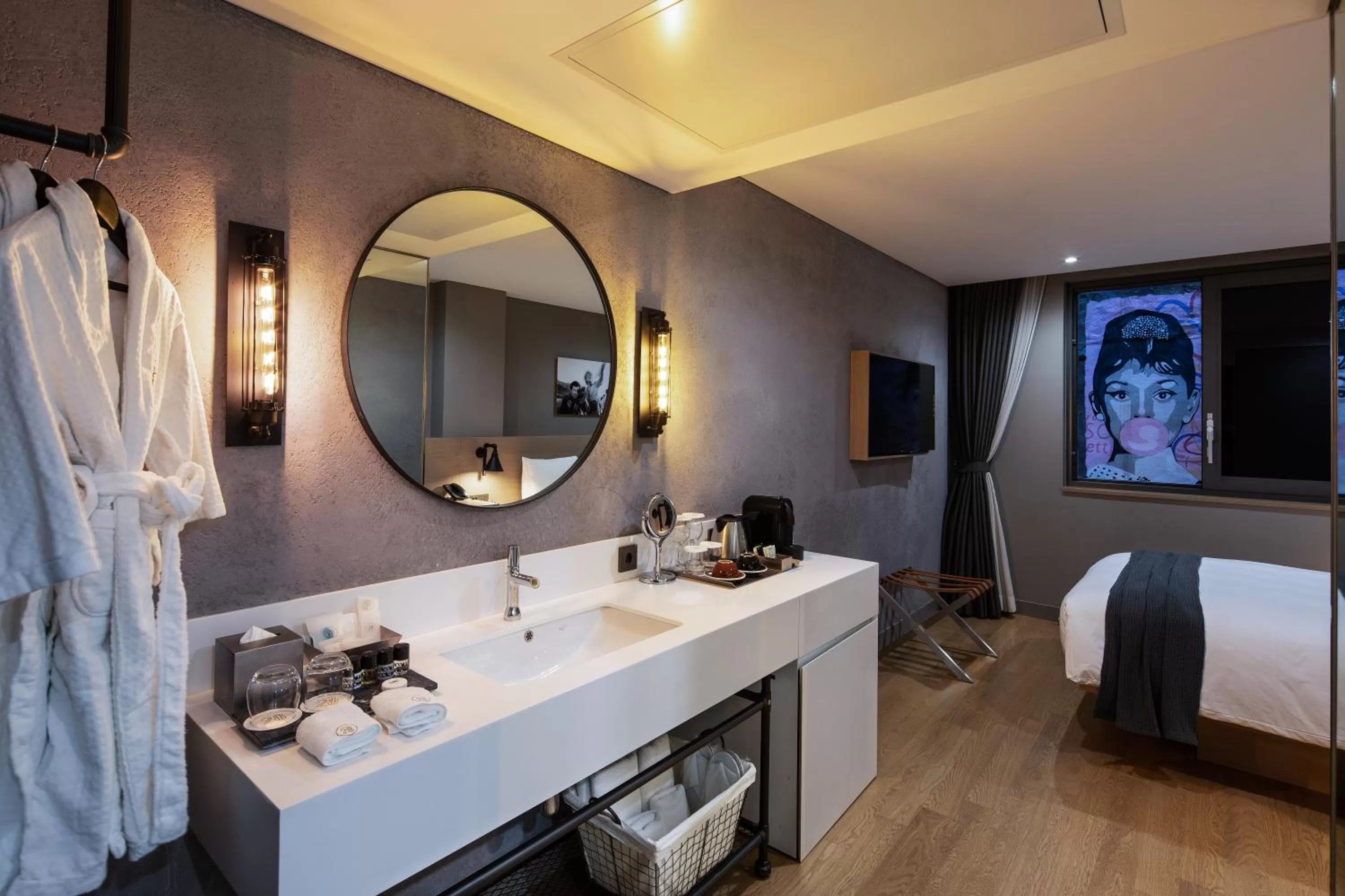 Bathroom, Bed in Hotel28 Myeongdong