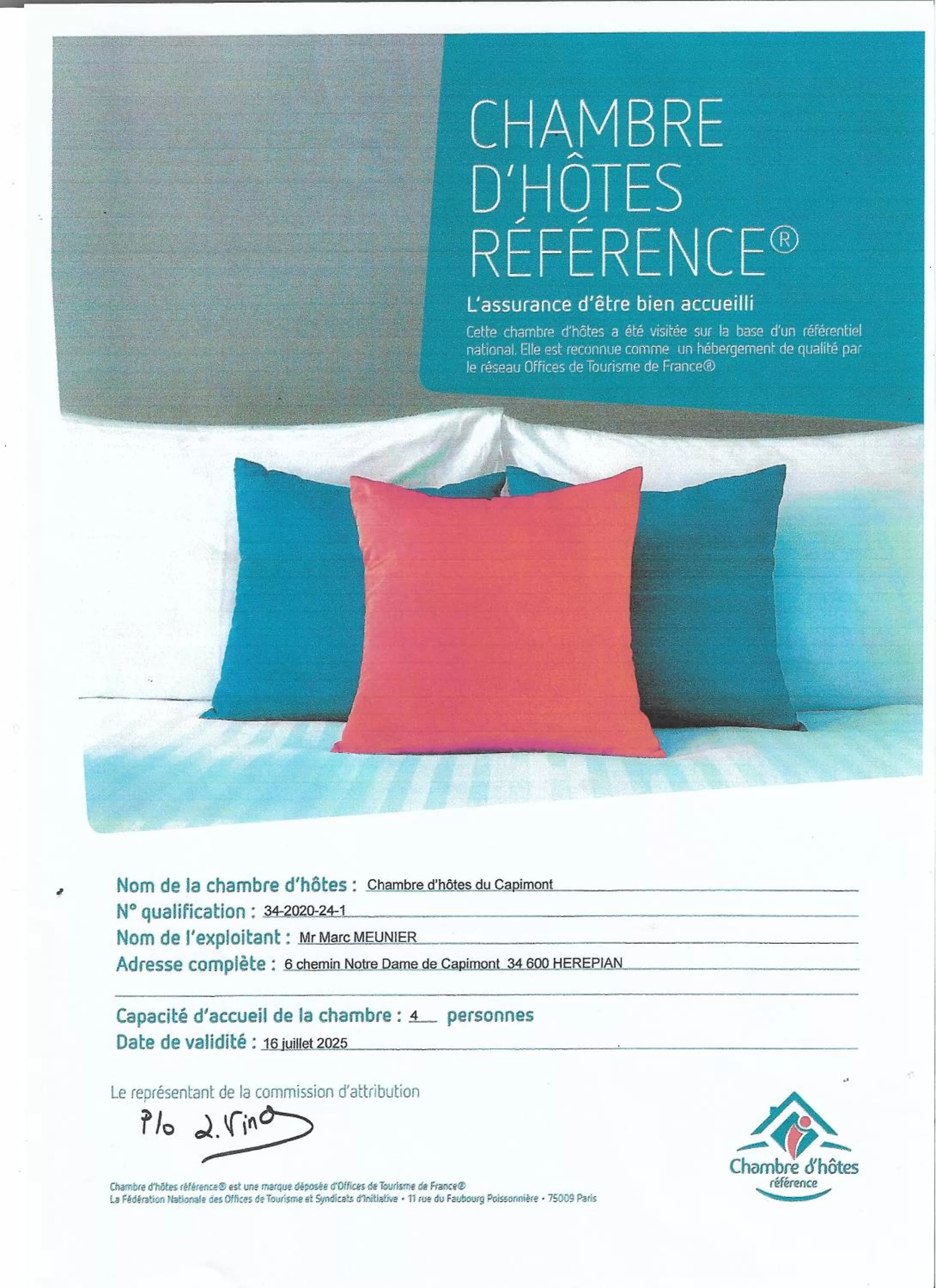 Certificate/Award in chambres d'hôtes du capimont