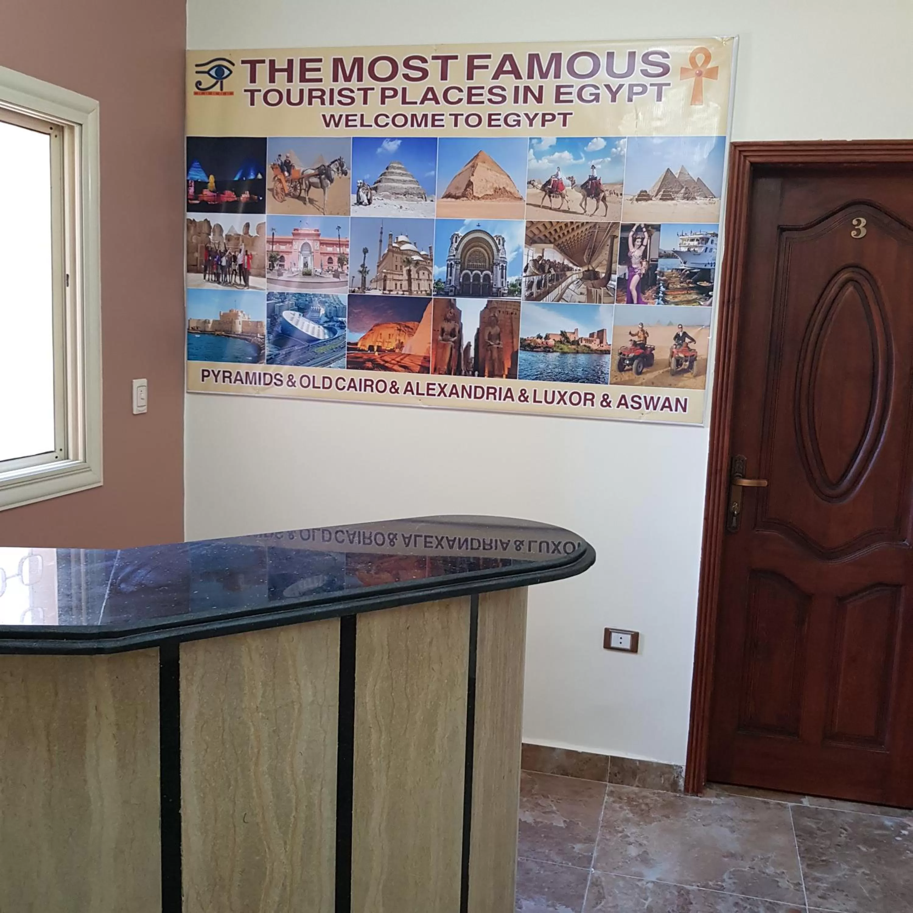 Sphinx palace pyramids view