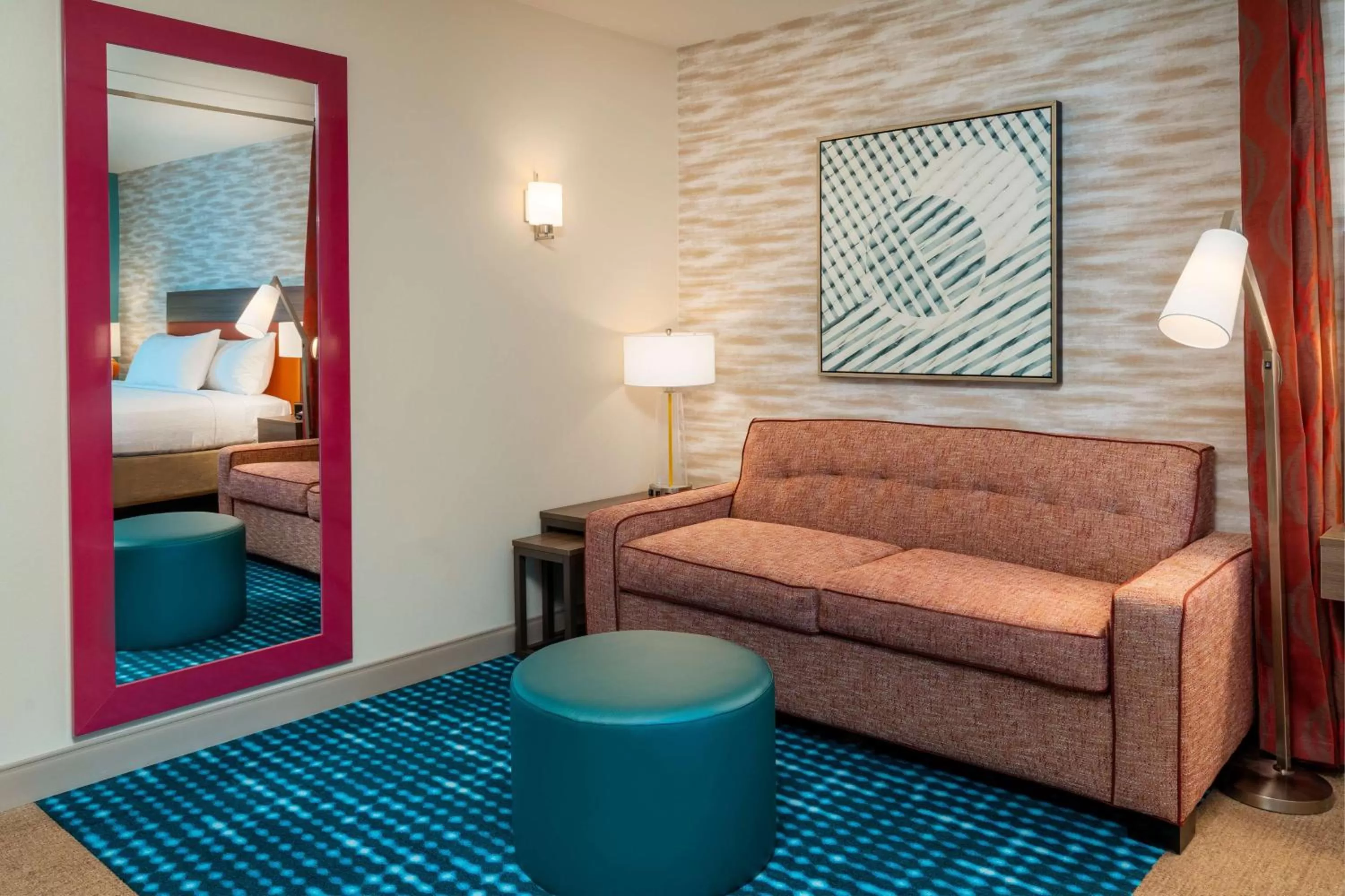 Living room, Bed in Home2 Suites Corona, Ca