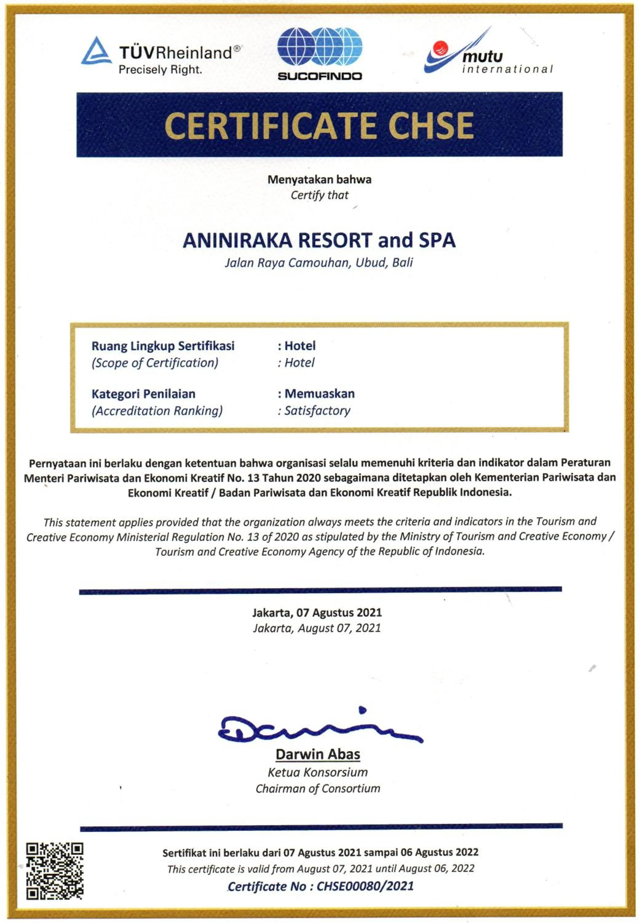 Certificate/Award in Anini Raka Resort & Spa