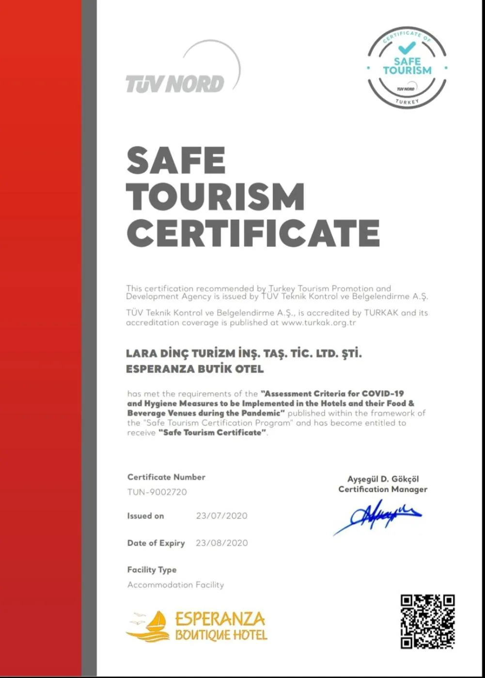 Certificate/Award in Esperanza Hotel