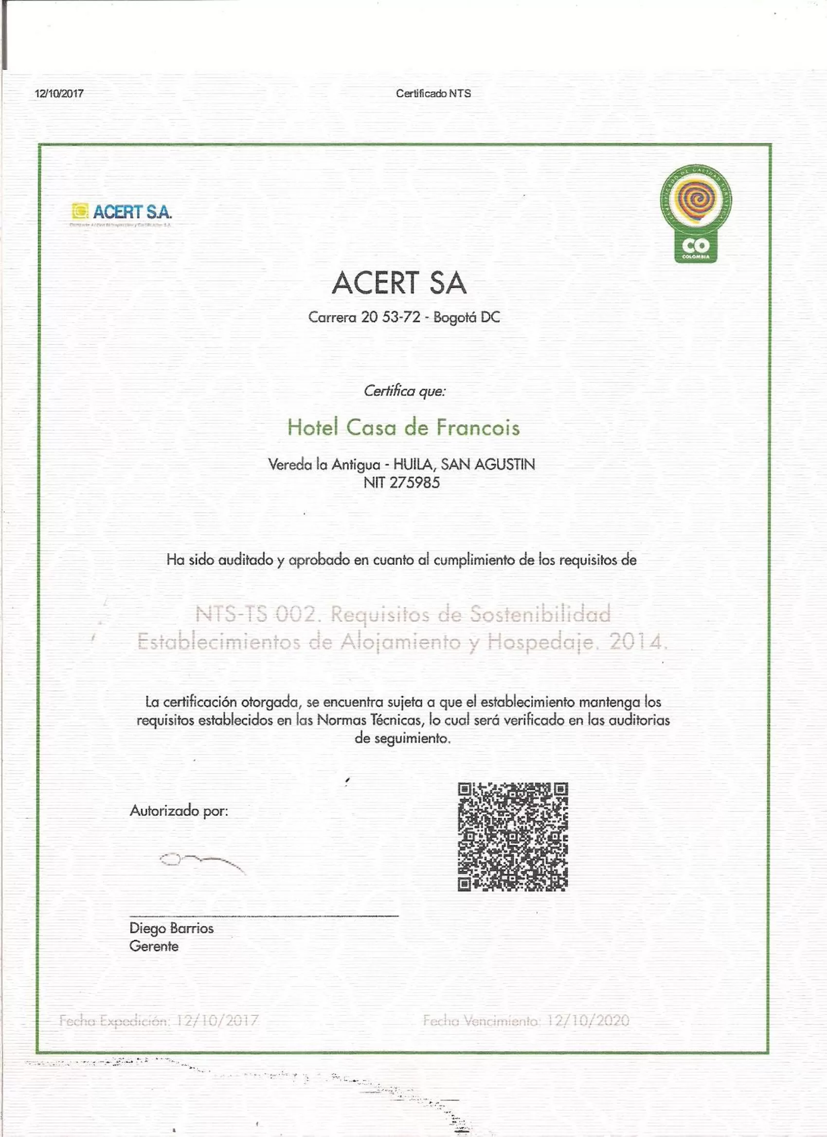 Certificate/Award in Hotel La Casa de Francois