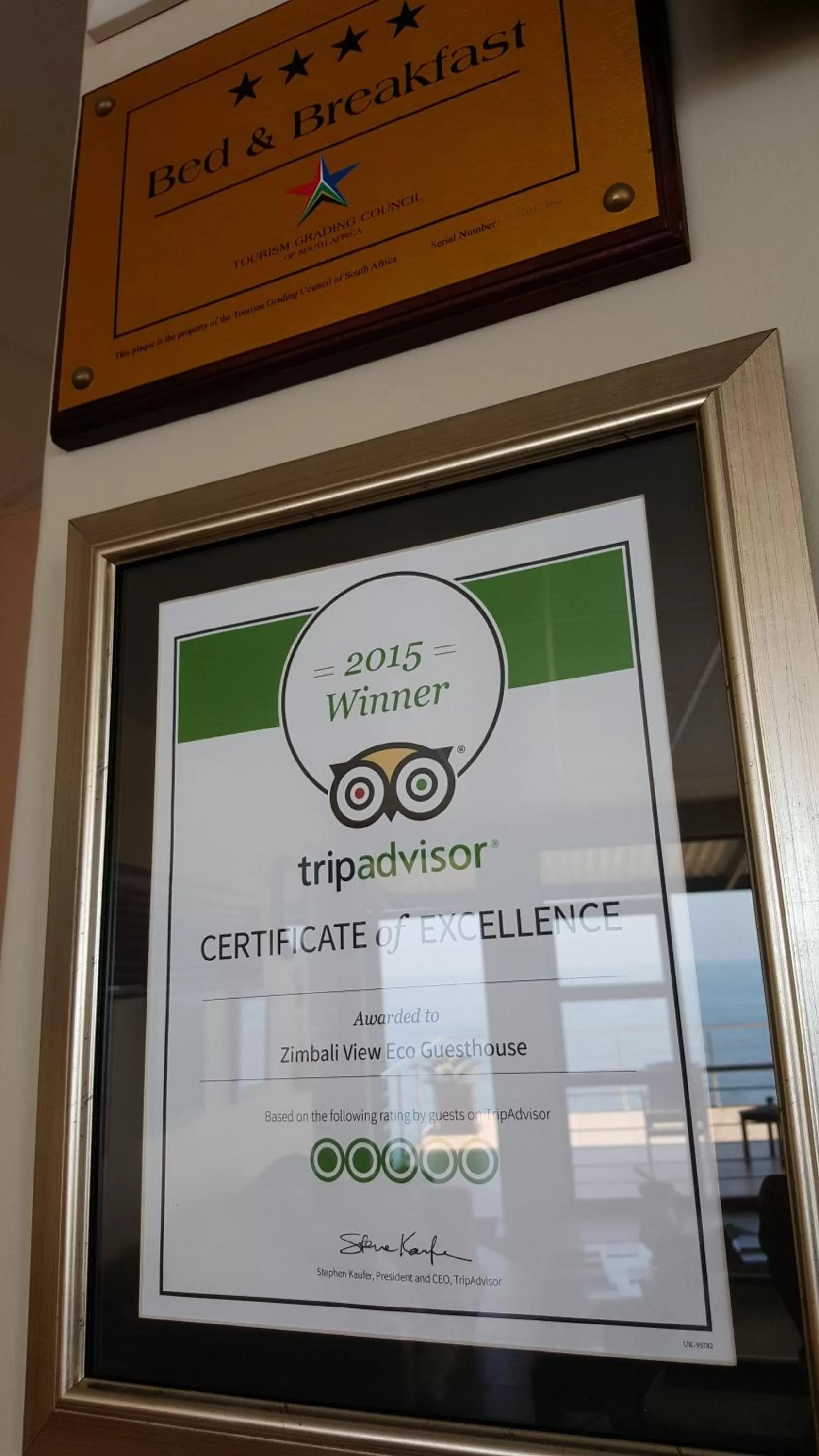 Certificate/Award in Zimbali View Eco Guesthouse