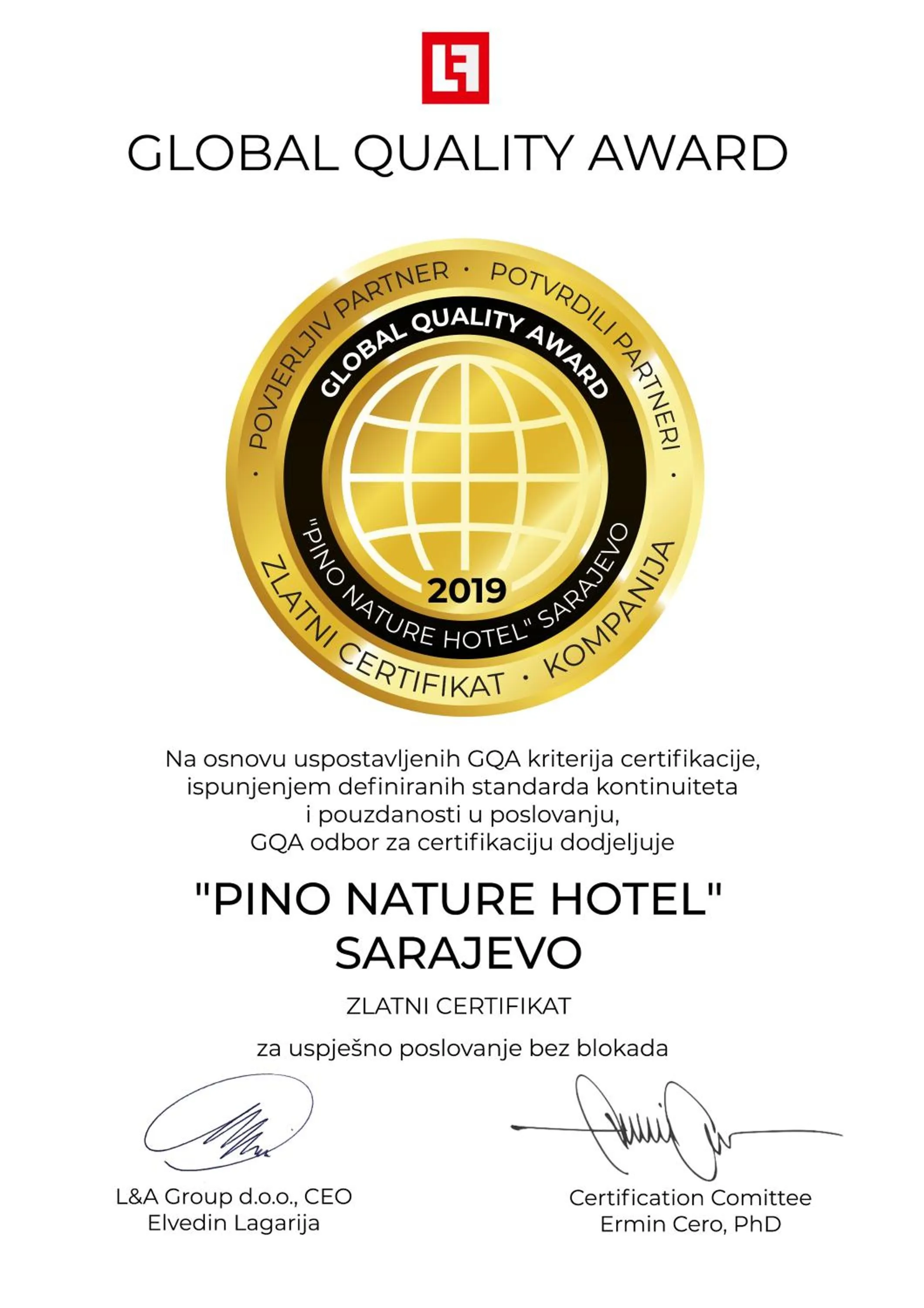 Certificate/Award in Pino Nature Hotel, BW Premier Collection