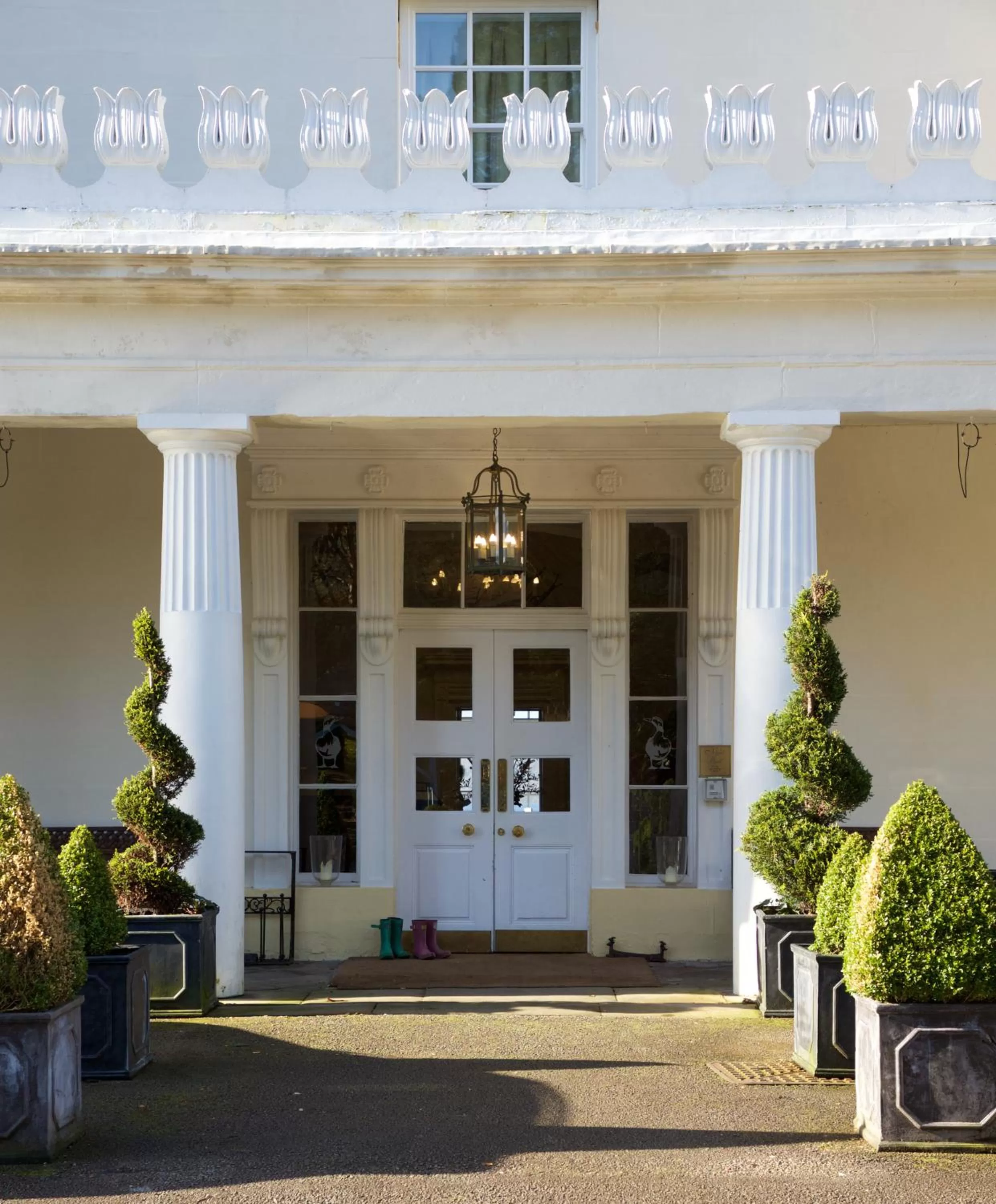 Facade/entrance in Storrs Hall Hotel on the shore of Lake Windermere
