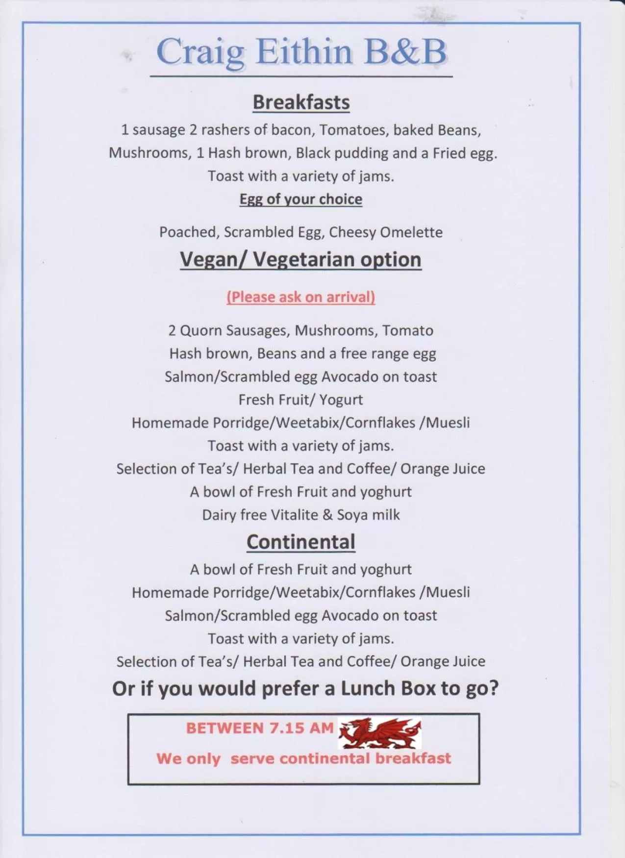 Breakfast in Craig Eithin B & B