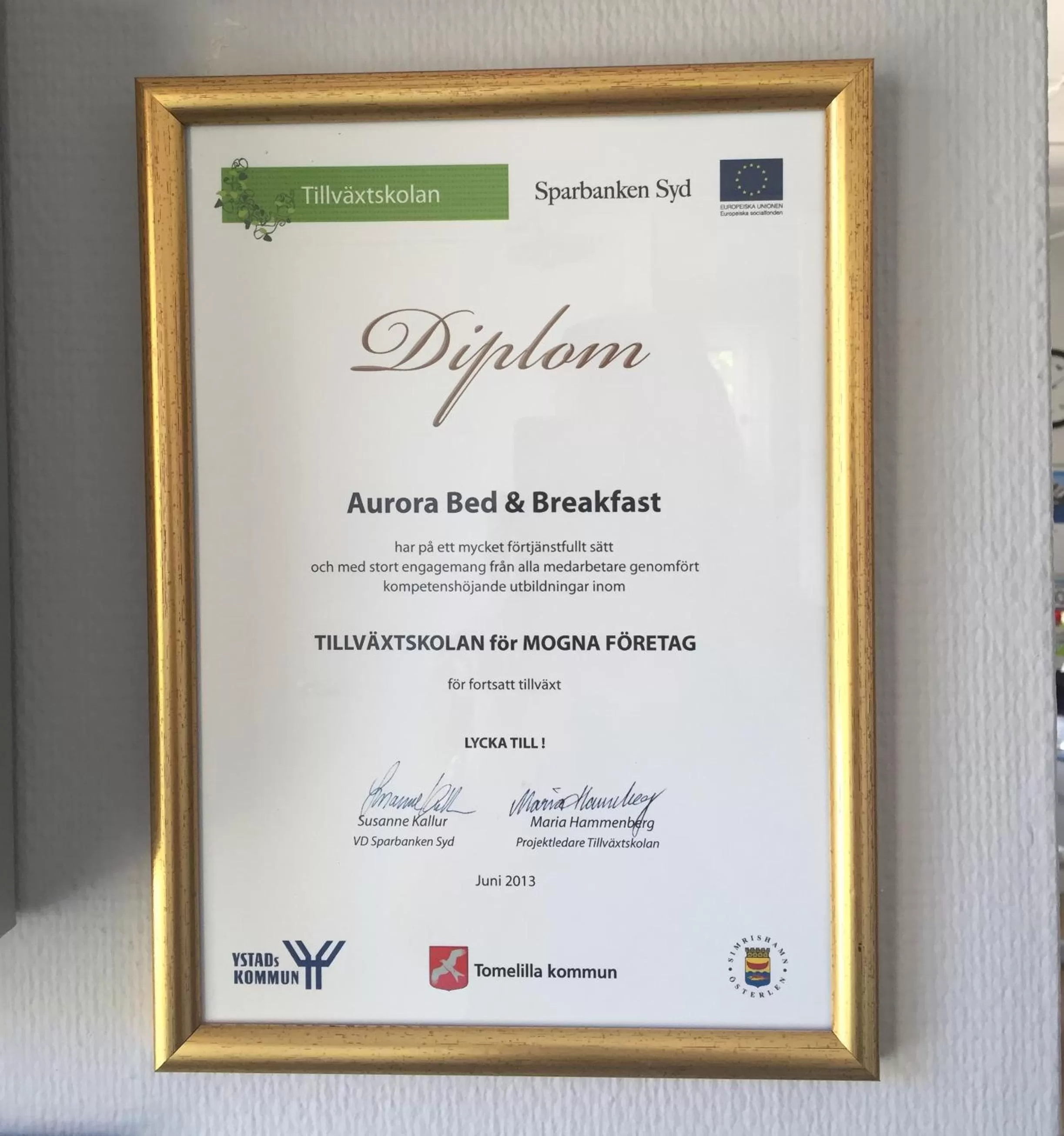 Certificate/Award in Aurora Bed & Breakfast