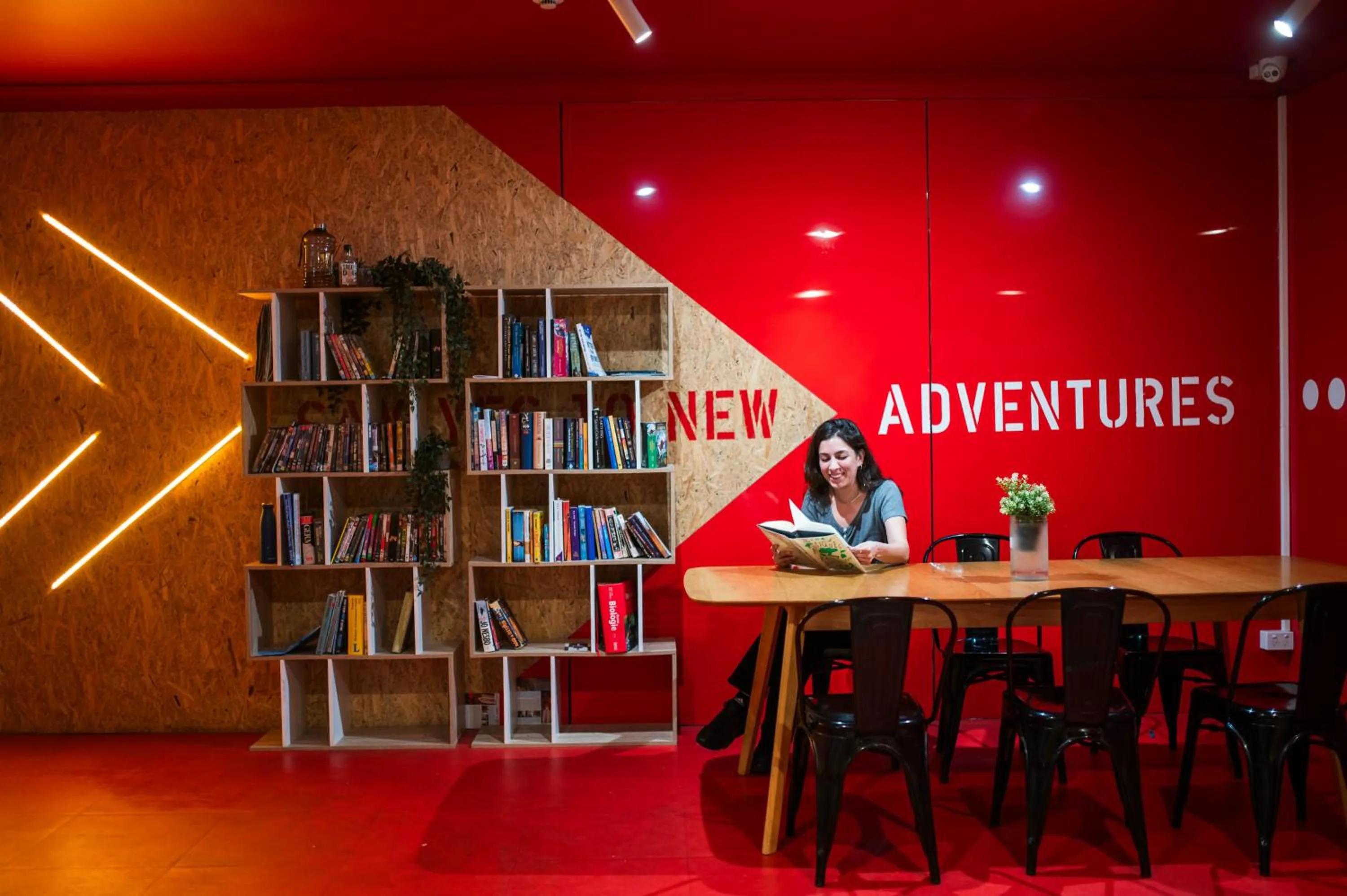 Seating area in Space Q Capsule Hotel