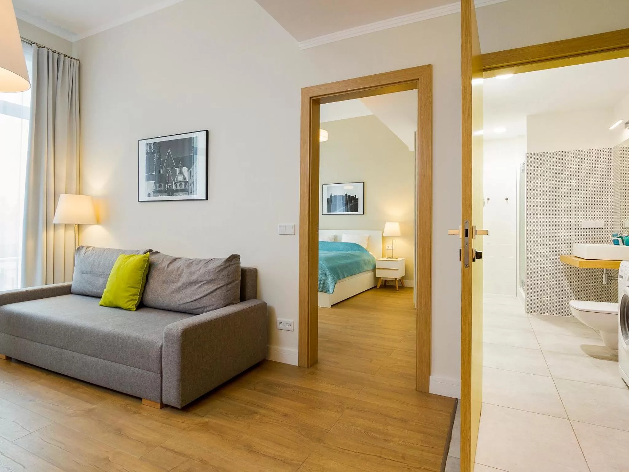 Bathroom, Bed in Riverside Aparthotel Cracow