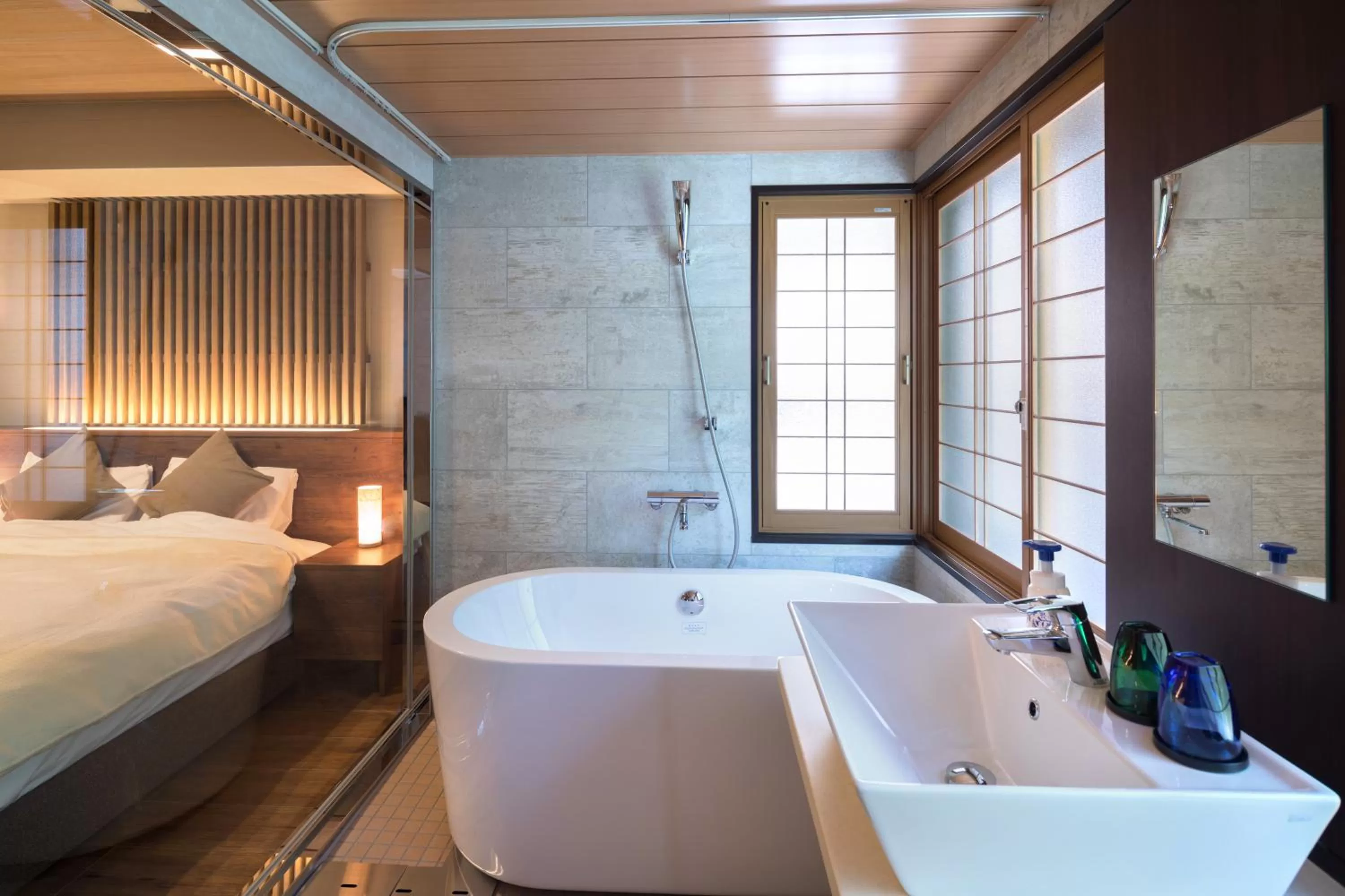 Bathroom, Bed in Hotel Miyajima Villa