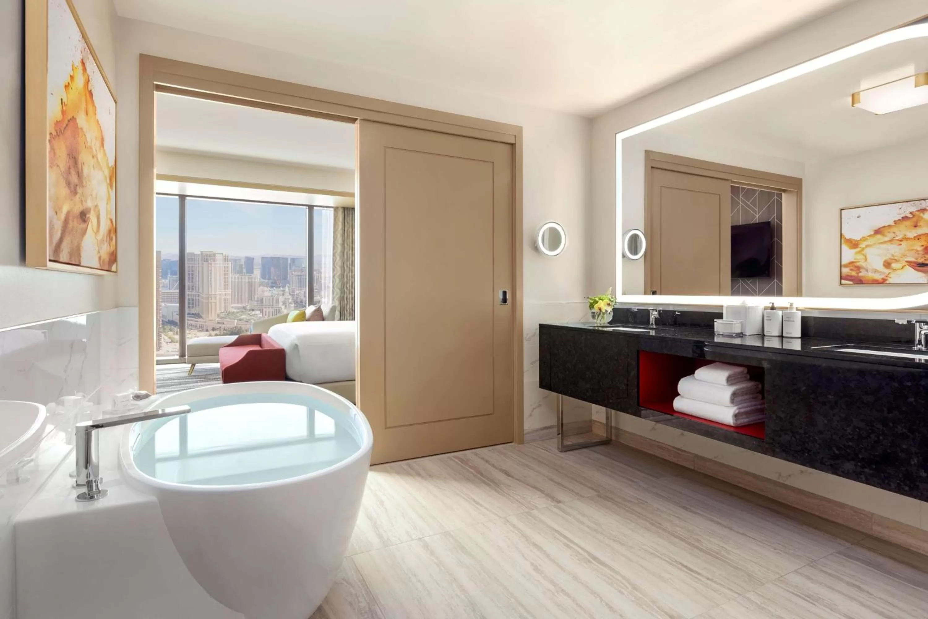 Bathroom, Bed in Conrad Las Vegas At Resorts World