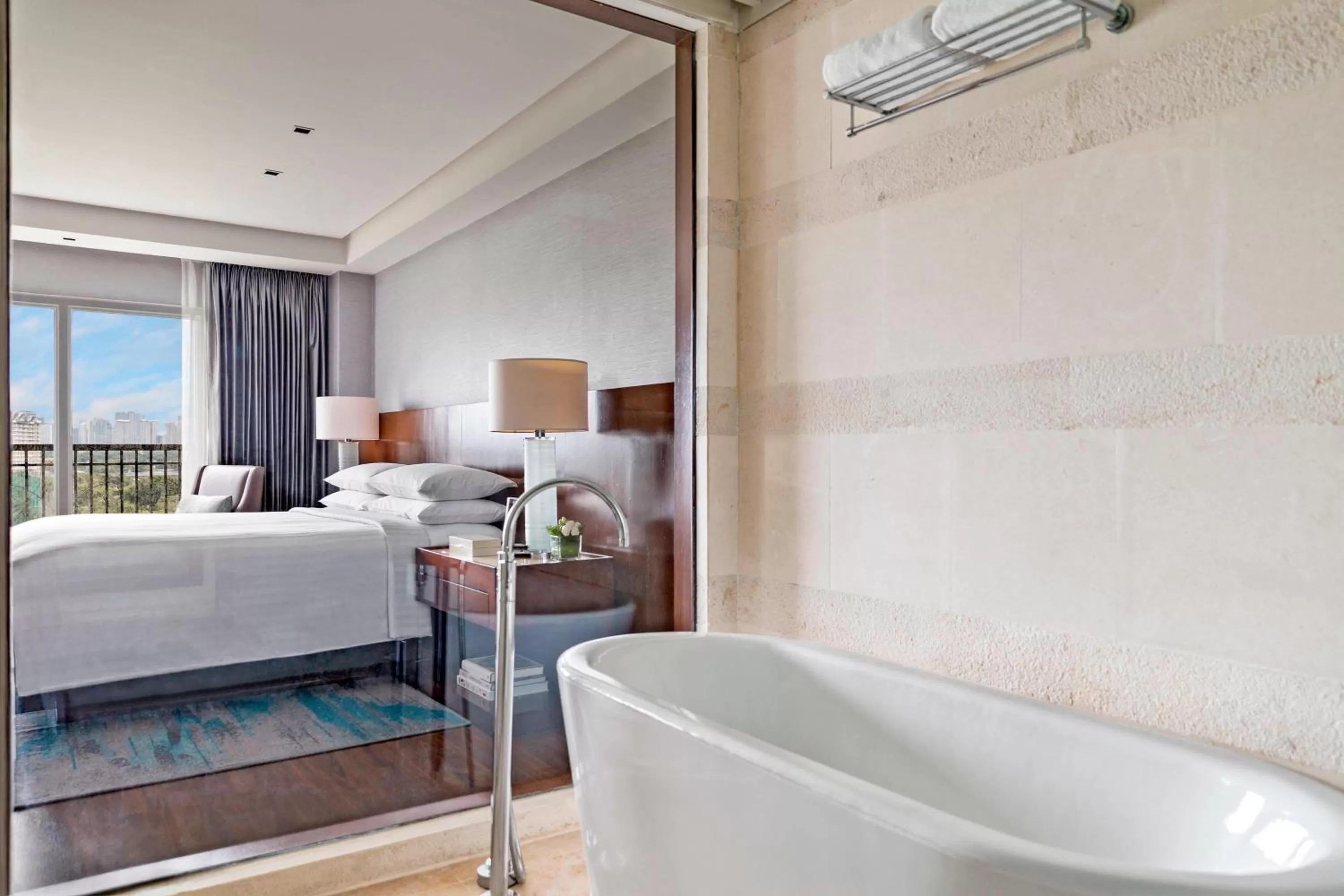 Bathroom, Bed in Manila Marriott Hotel at Newport World Resorts