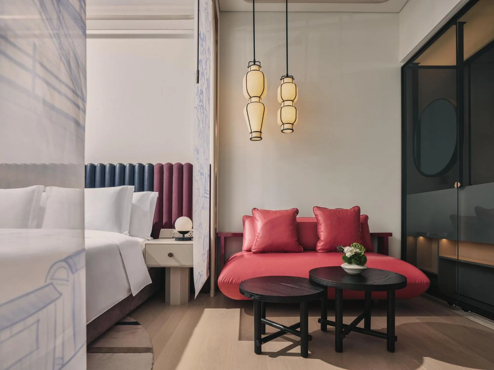 Seating area, Bed in Hotel Indigo Hangzhou Uptown,Close to Westlake , boutique design hotel with freeflow minibar