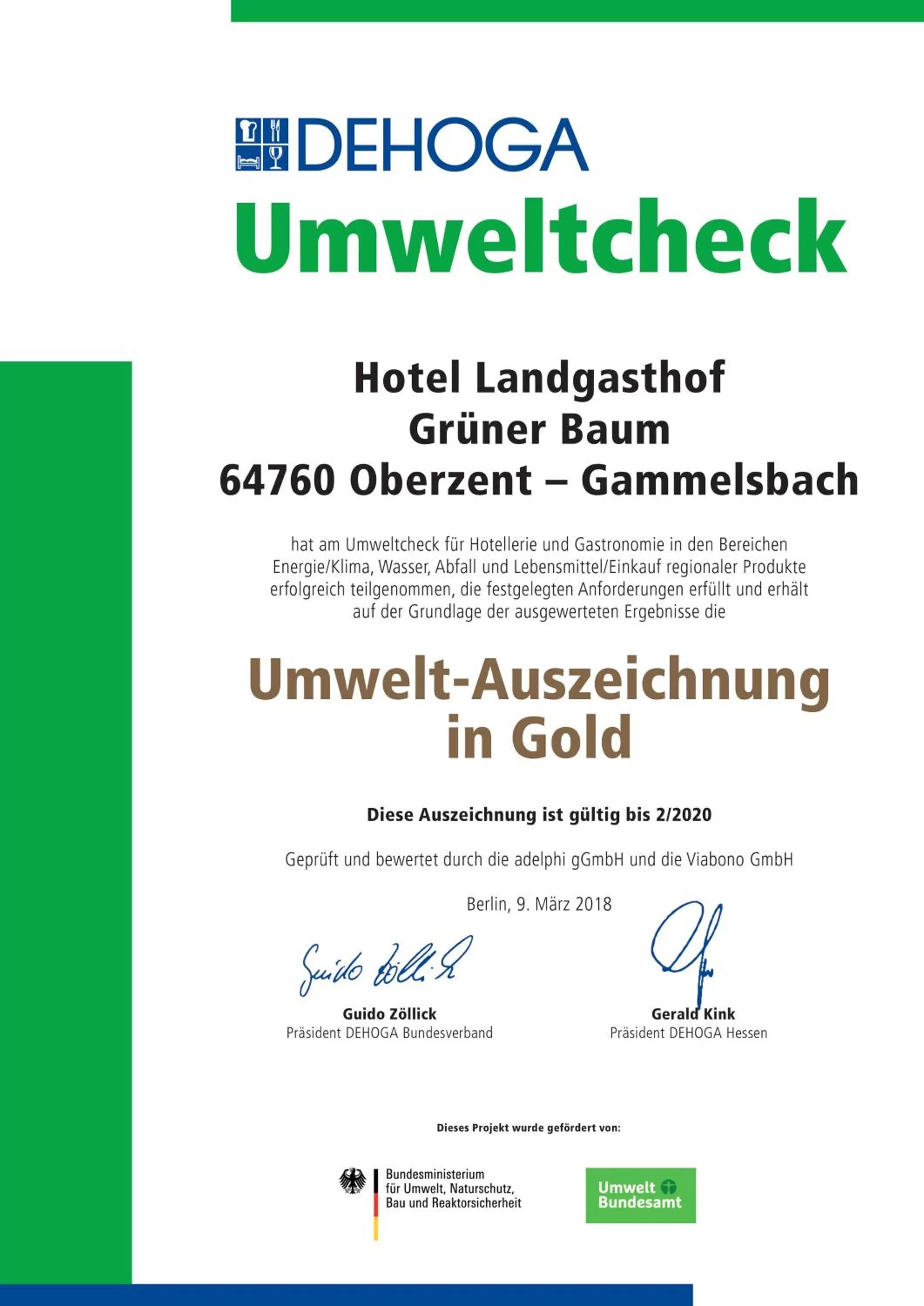Certificate/Award in Hotel Grüner Baum mit Restaurant & Wellness
