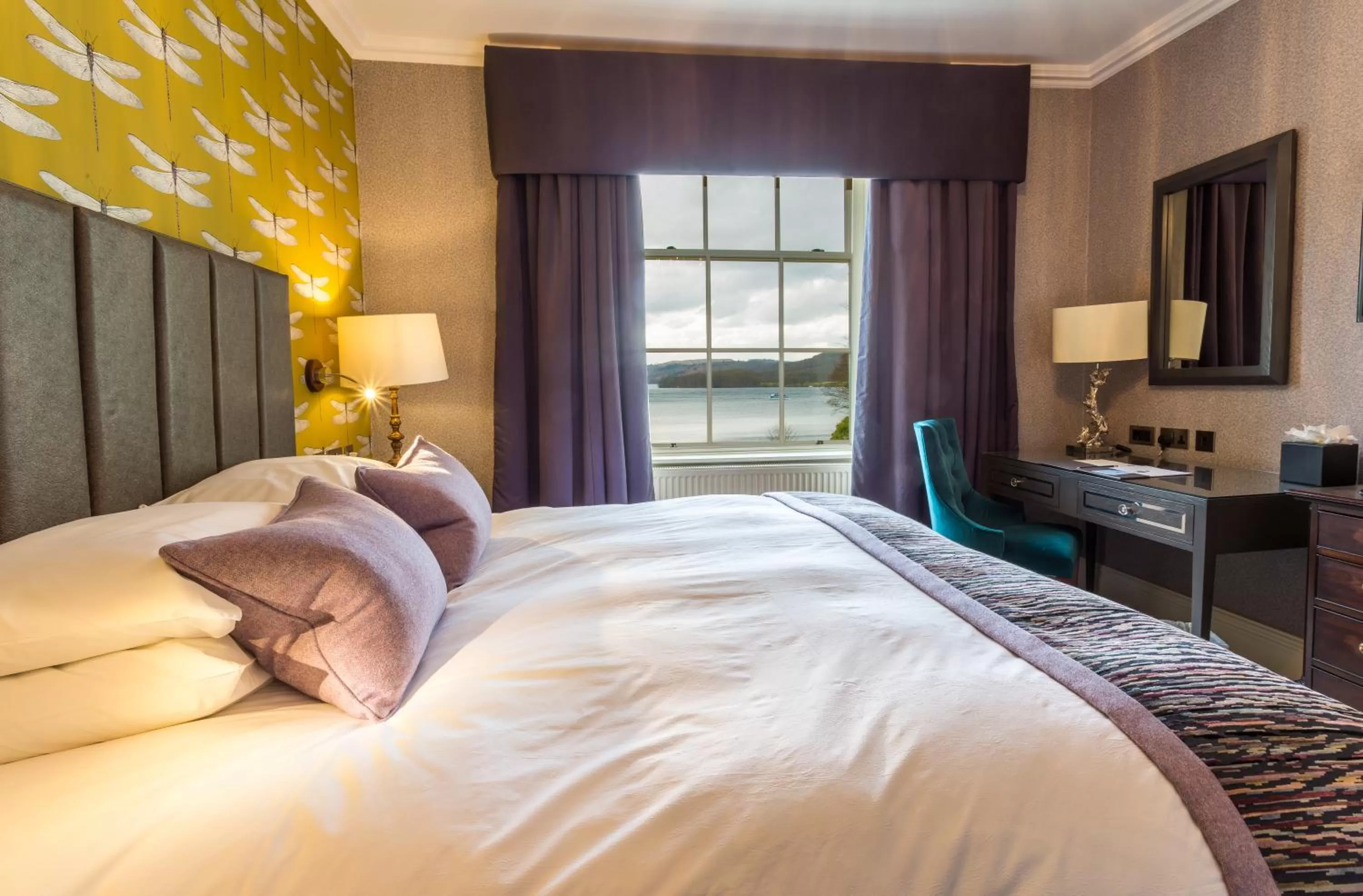 Lake view, Bed in Storrs Hall Hotel on the shore of Lake Windermere