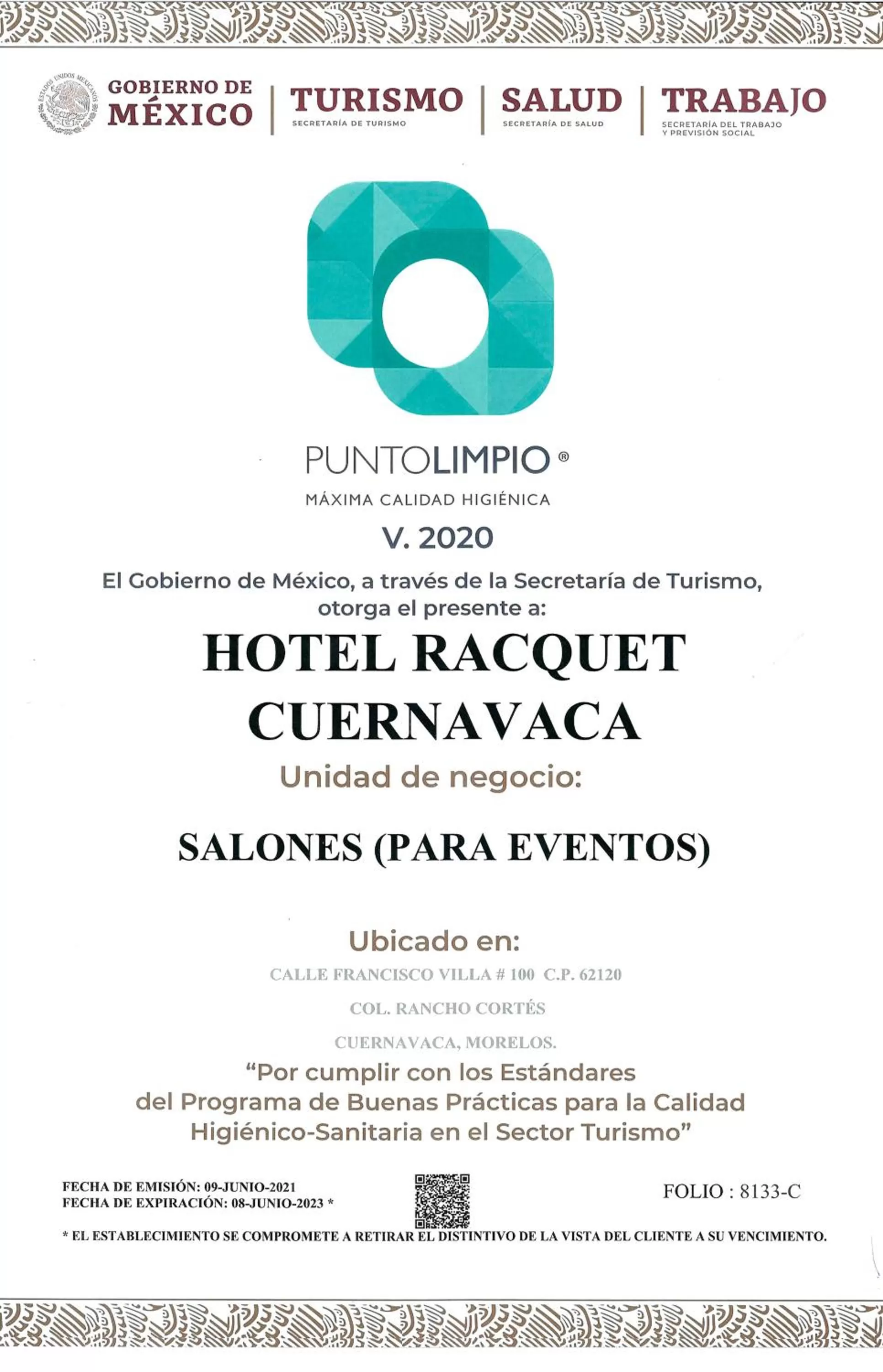 Certificate/Award in Hotel Racquet Cuernavaca