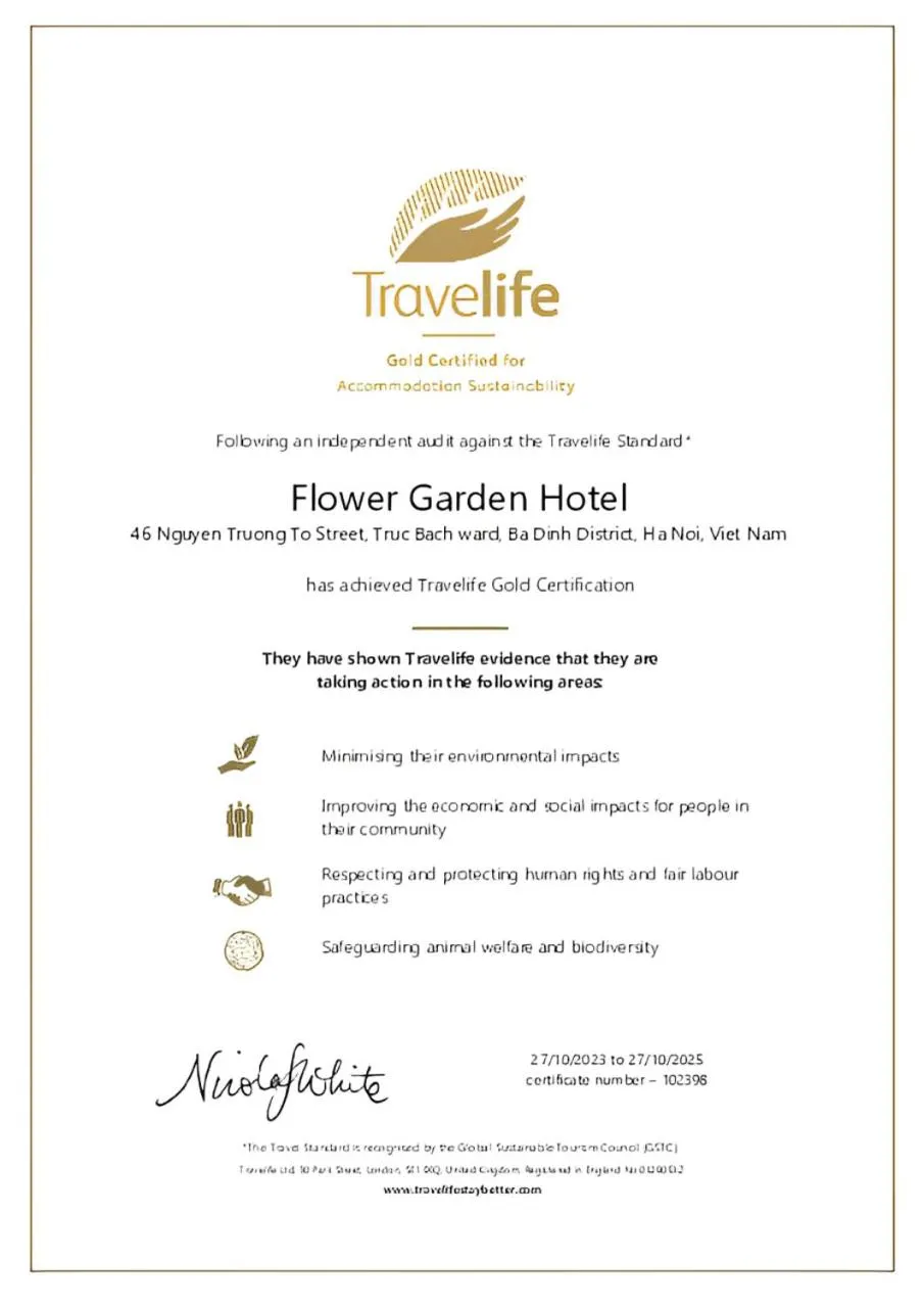 Certificate/Award in Flower Garden Hotel