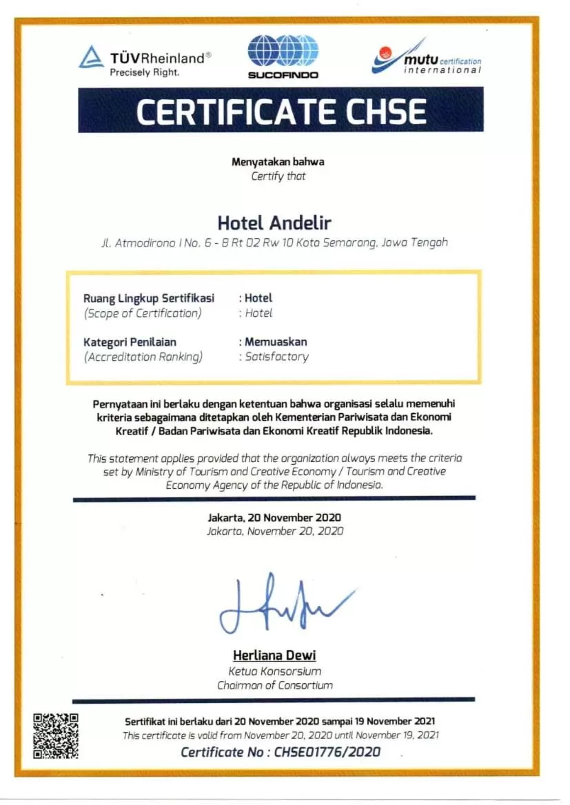 Certificate/Award in Andelir Hotel Simpang Lima Semarang