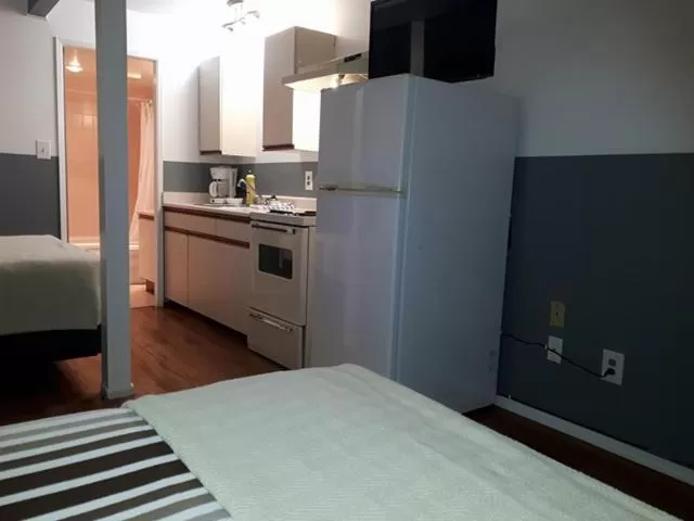 Kitchen or kitchenette, Bed in Falcon Nest Motel