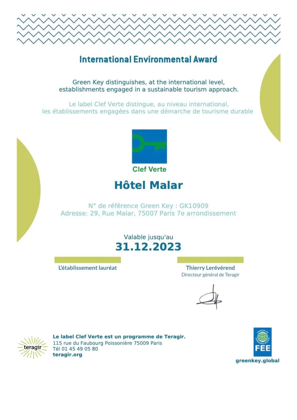 Logo/Certificate/Sign in Hôtel Malar