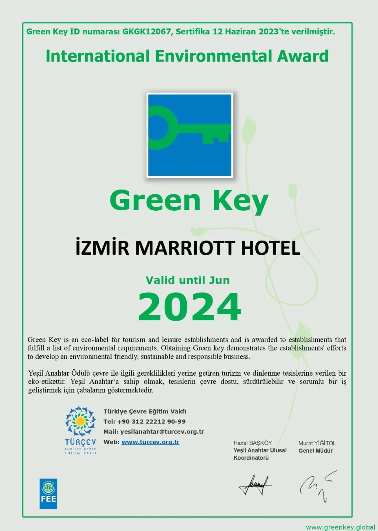 Certificate/Award in Izmir Marriott Hotel