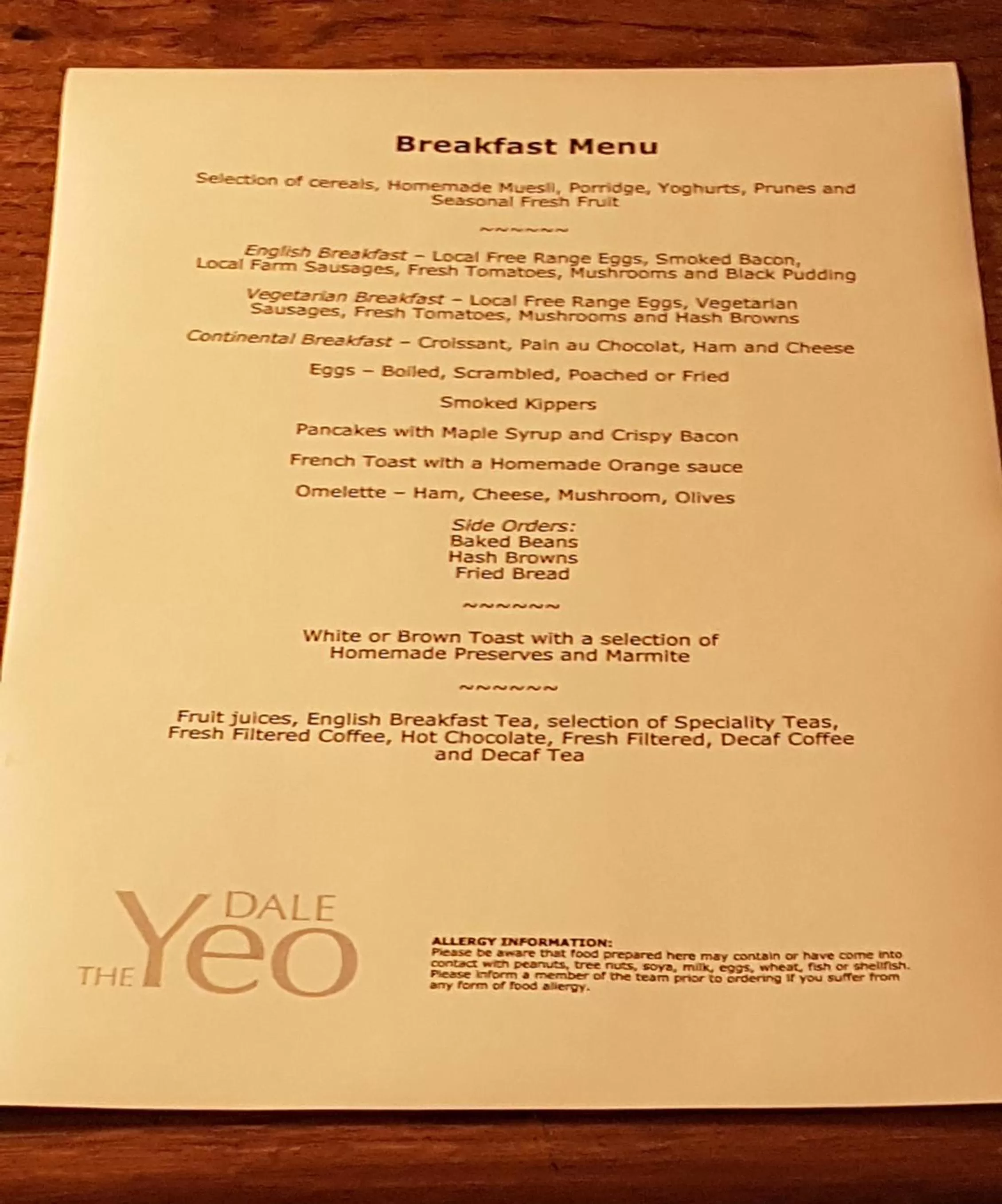 Breakfast in Yeo Dale Hotel