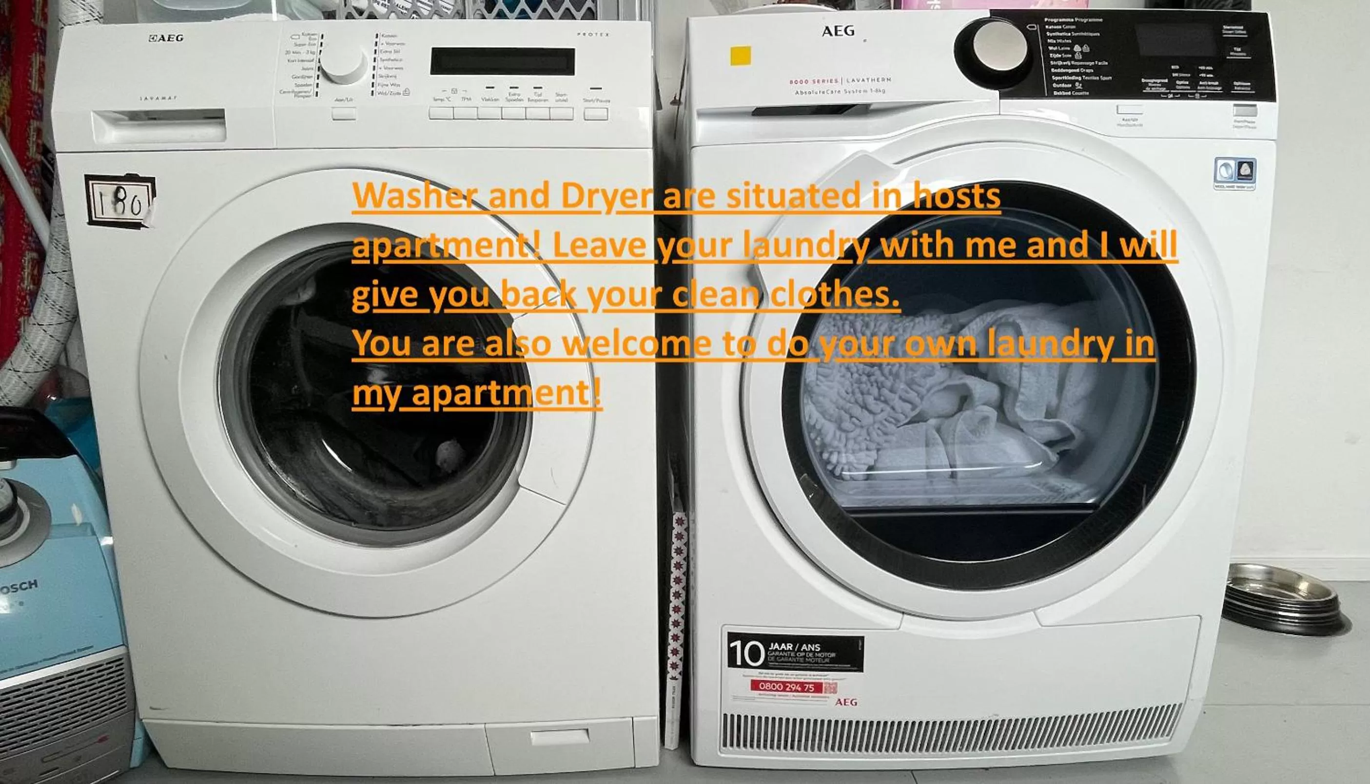 laundry in Houseboat apartment with water terrace, free parking, free bikes & fast wifi