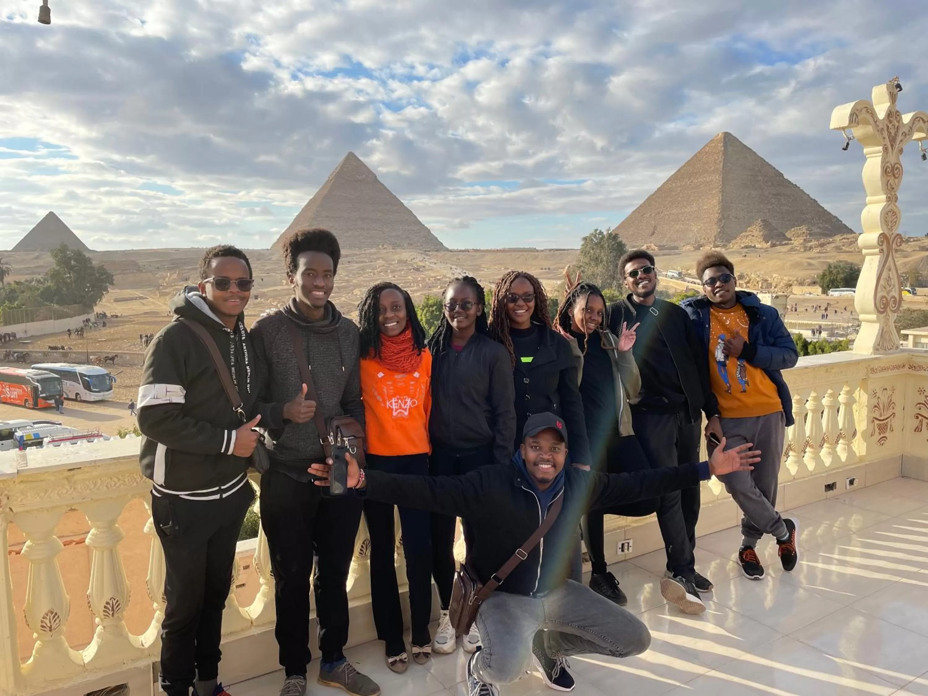 Sphinx palace pyramids view