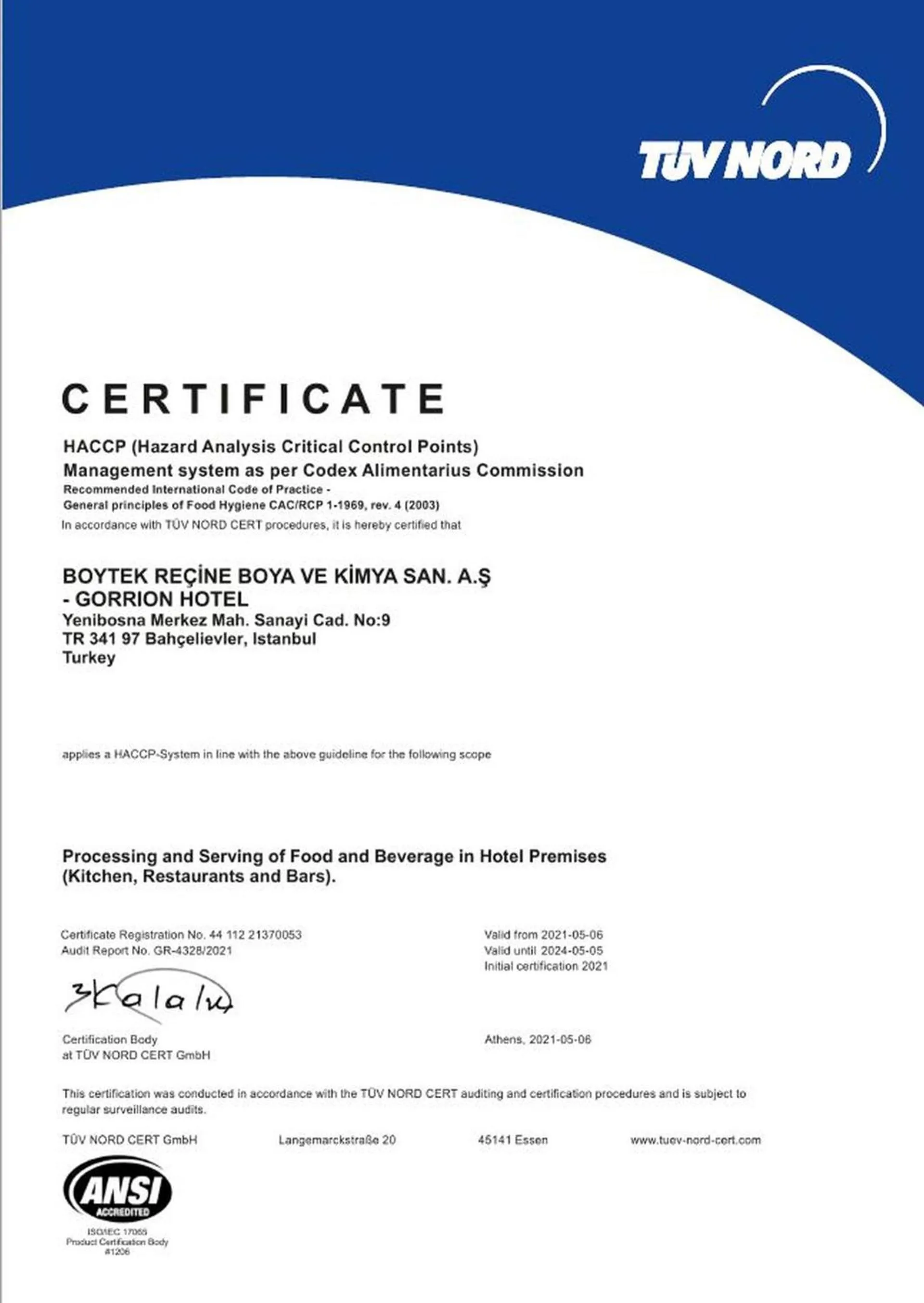 Certificate/Award in Gorrion Hotel Istanbul