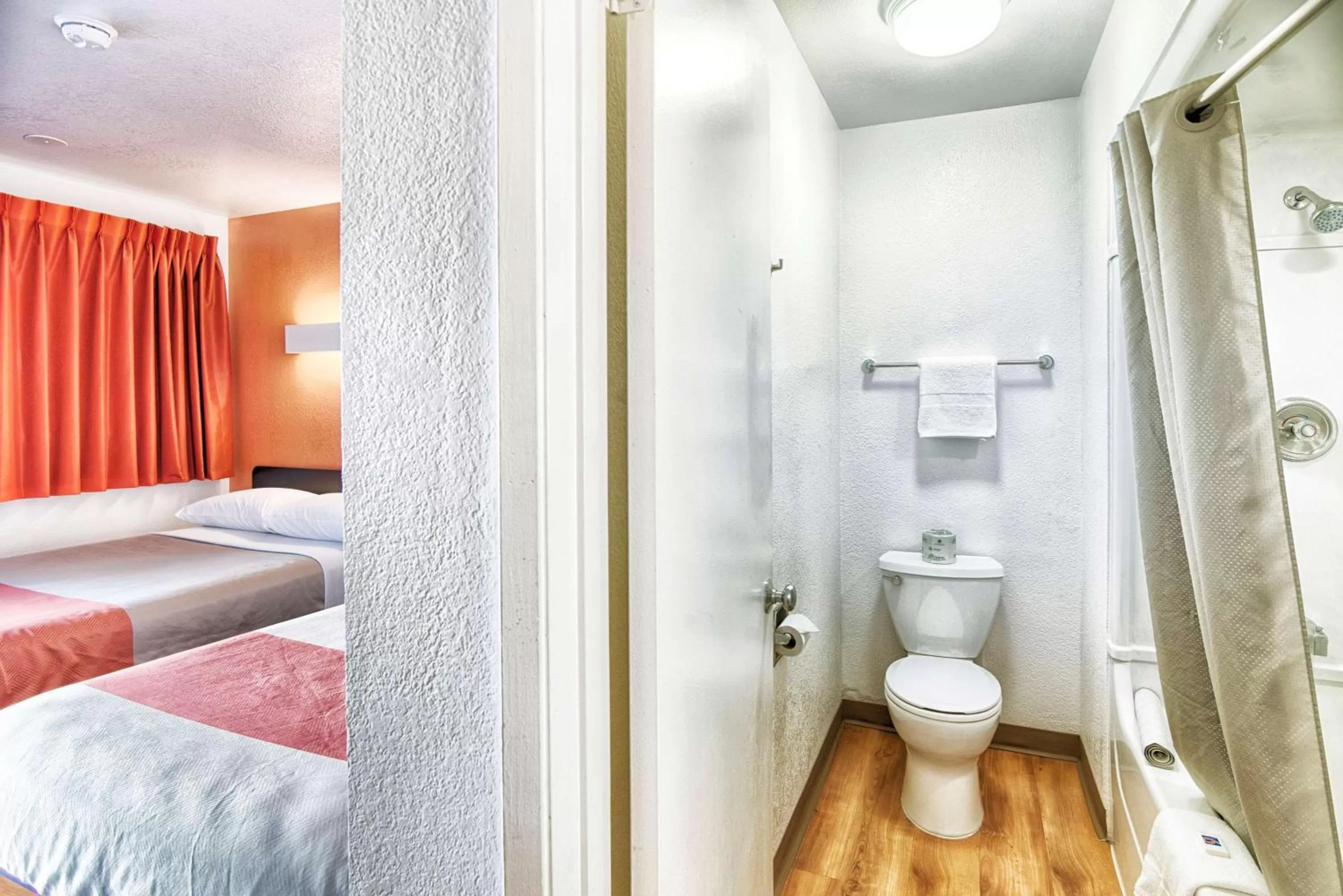 Shower, Bed in Motel 6-Mammoth Lakes, CA