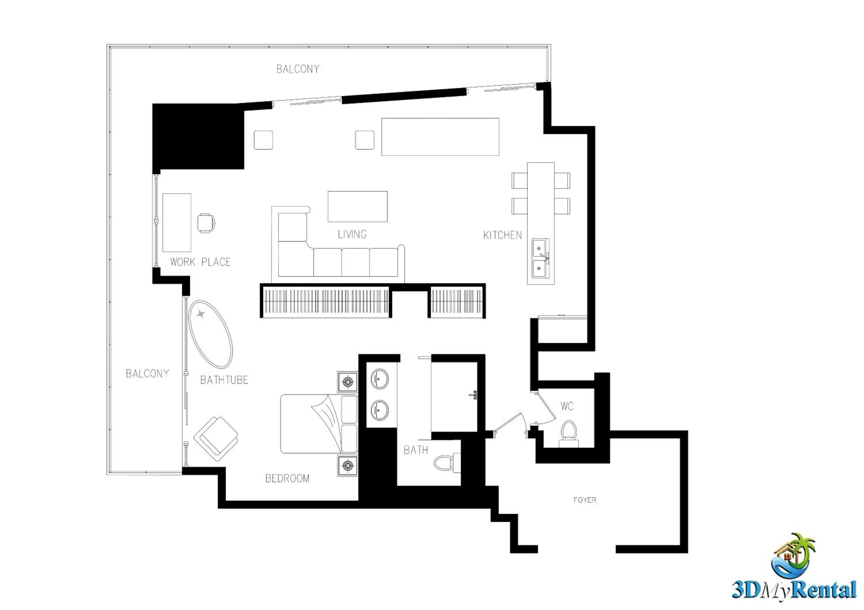 Floor plan in Vegas Palms HIGH 52nd fl. 1BDR corner penthouse 1220sqft