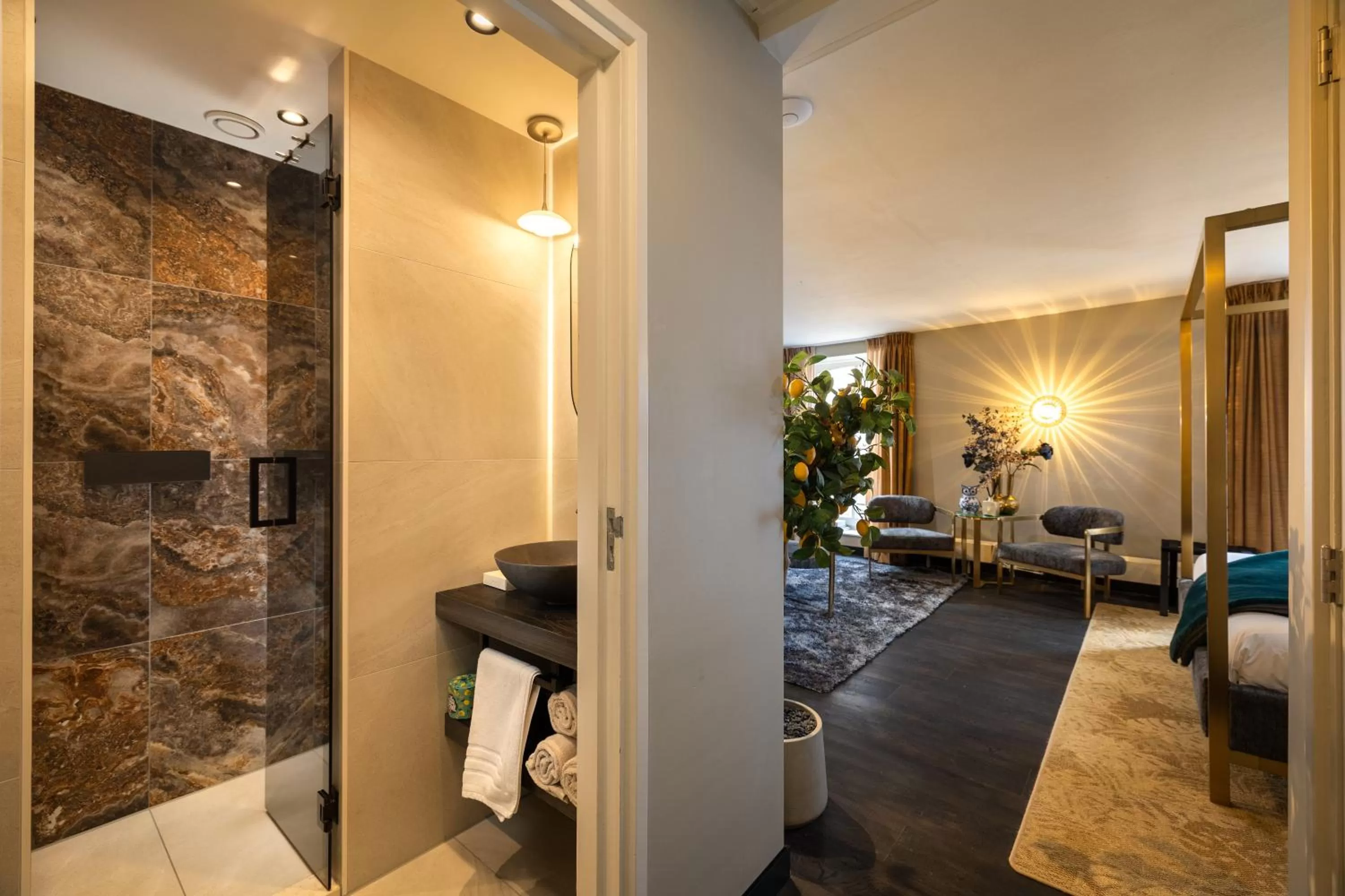 Bed, Bathroom in The Lemon Suites