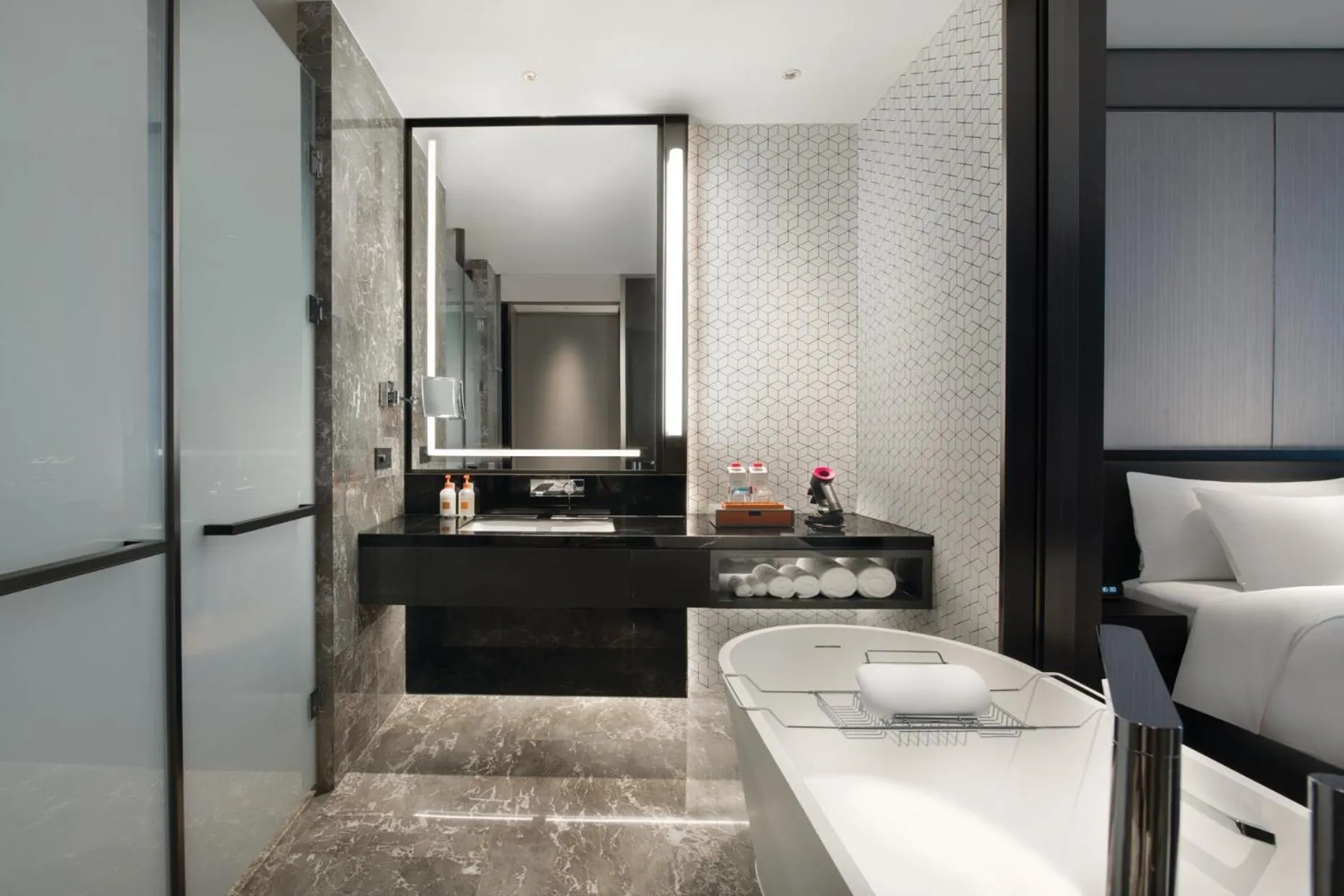 Bathroom, Bed in Crowne Plaza Hangzhou Science City by IHG