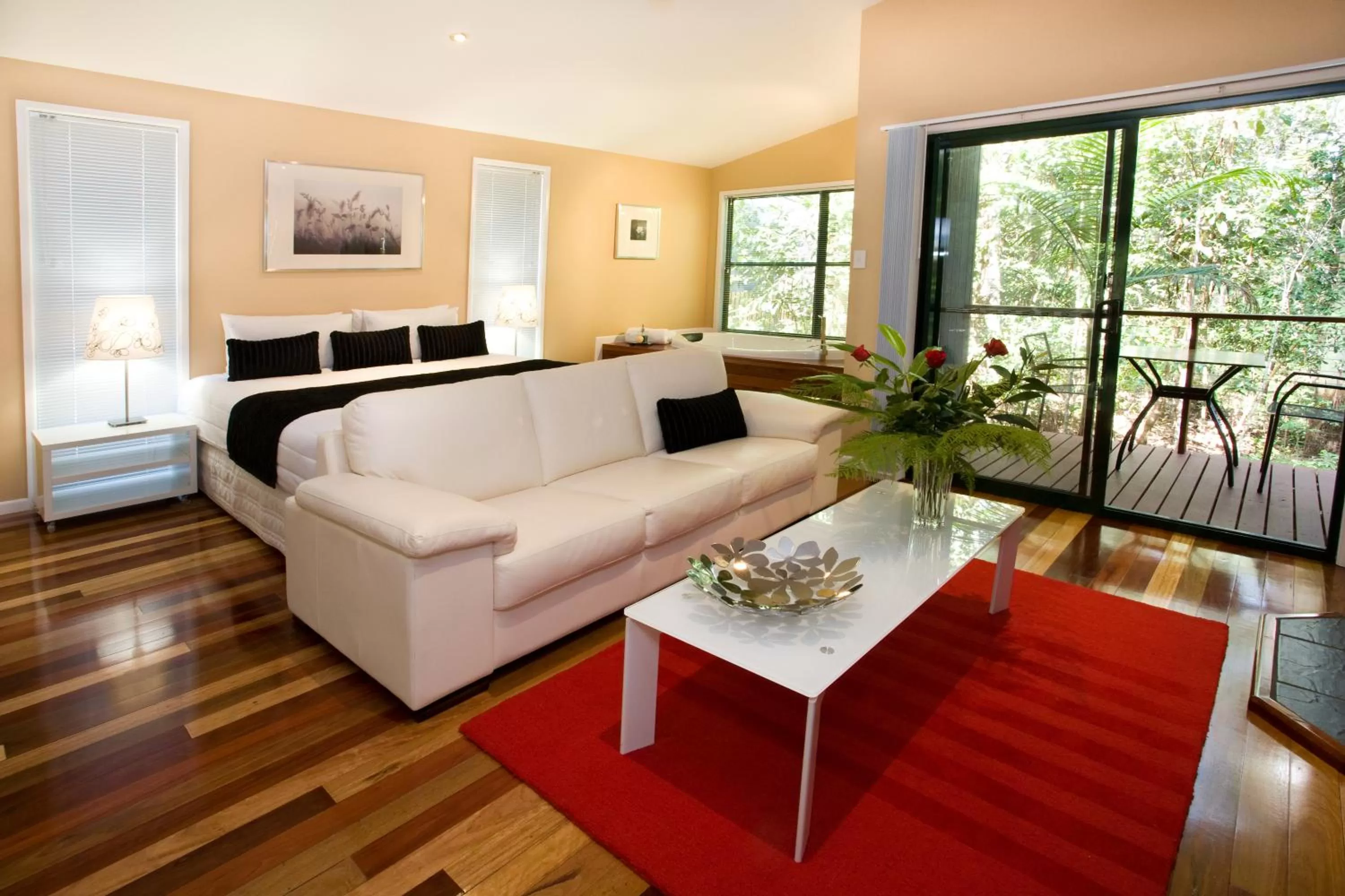 Living room in Amore On Buderim Rainforest Cabins