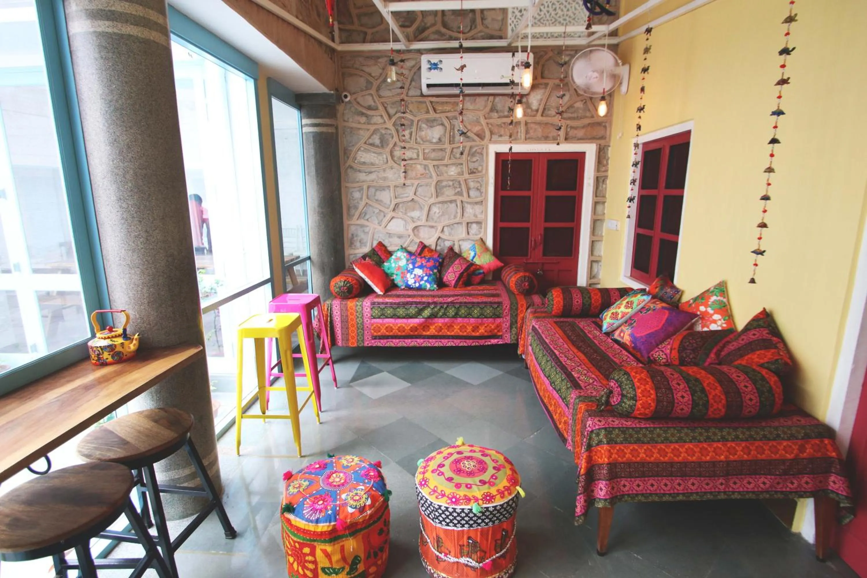 Seating area in Jaipur Jantar Hostel
